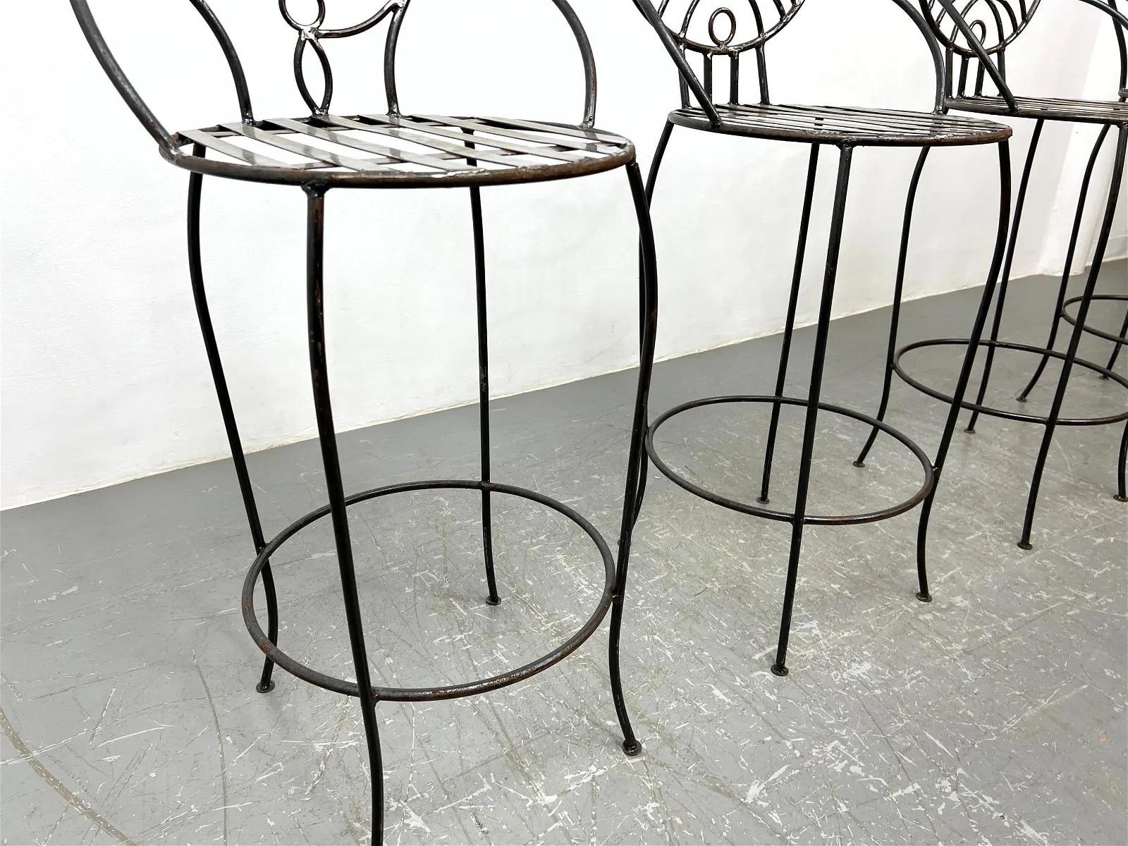 John Risley Style Postmodern Wrought Iron Face Bar Stools - Set of 4 For Sale 2