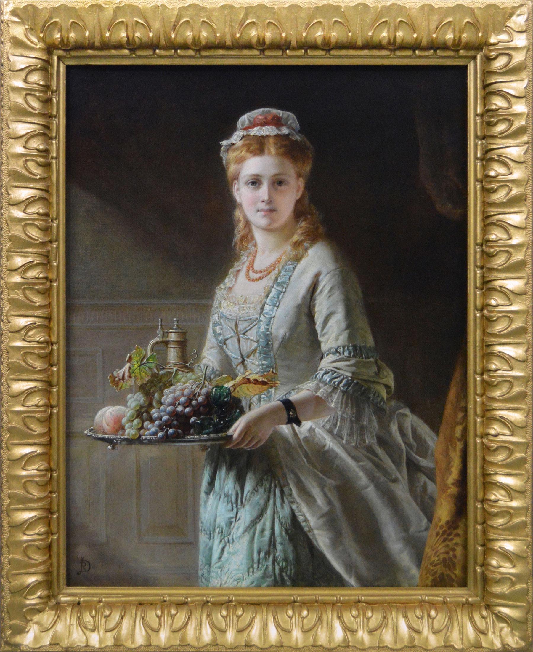19th Century portrait oil painting of a woman holding a tray