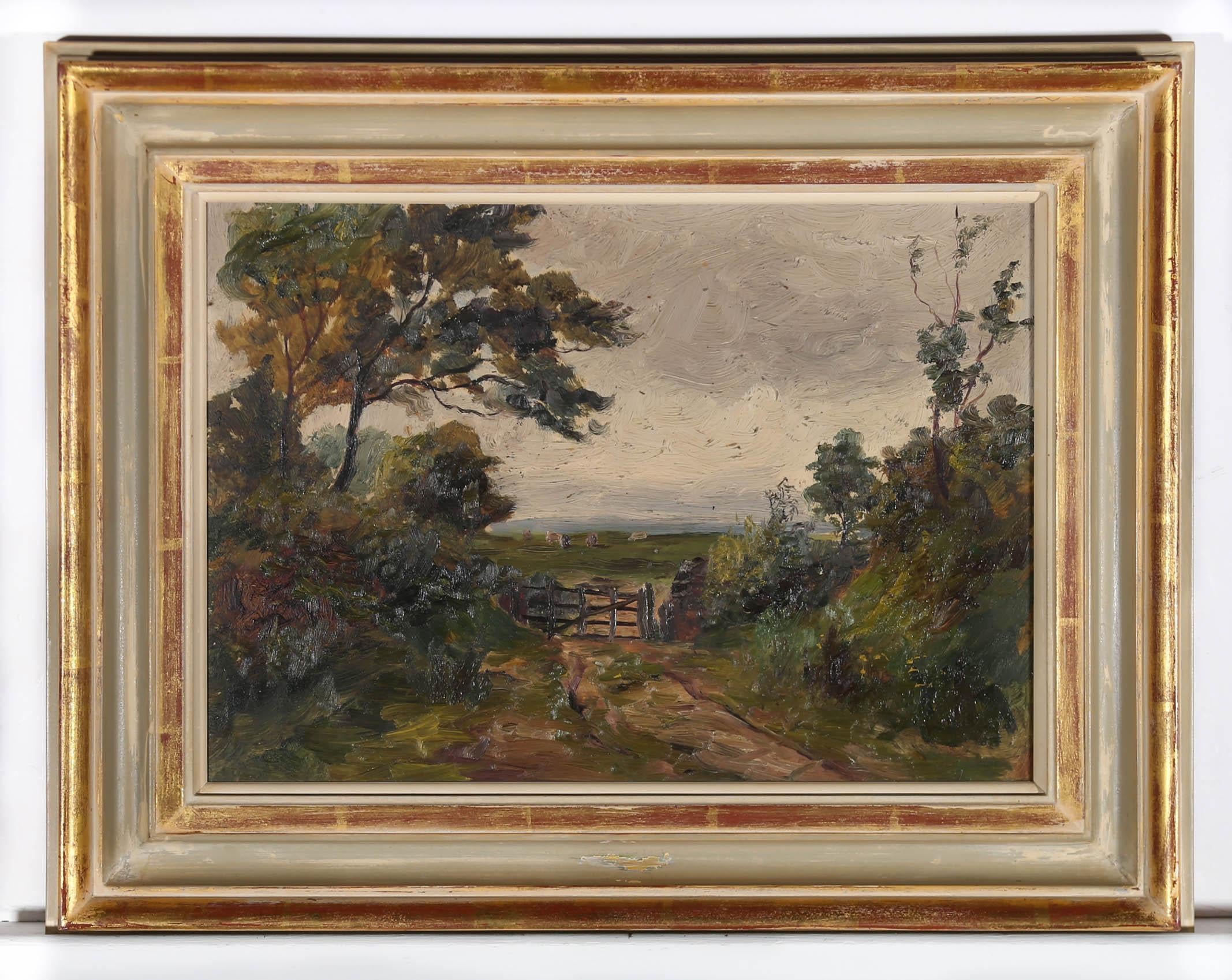 An original mid century oil by the late John Robert Exley (1890-1979), depicting a weathered pathway leading to a gated field with grazing livestock. Beautifully presented in contemporary sage and gilt frame. Fix to the reverse of the painting is a