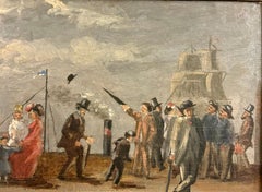 19th century View of Calais, France with people at the Harbor on the Promenade