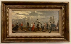 19th century View of Calais, France with people at the Harbor on the Promenade