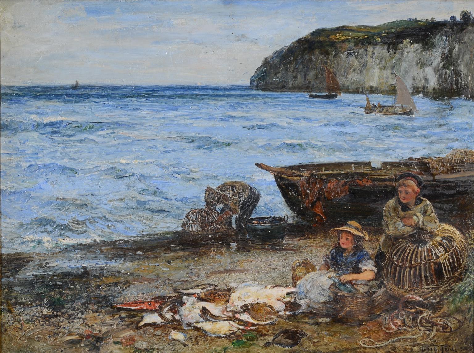 John Robertson Reid Figurative Painting - Fisherman and Children on the Beach sorting the catch