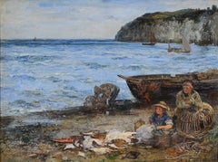 Victorian Oil of Children on beach and fisherman sorting the fish Cornwall