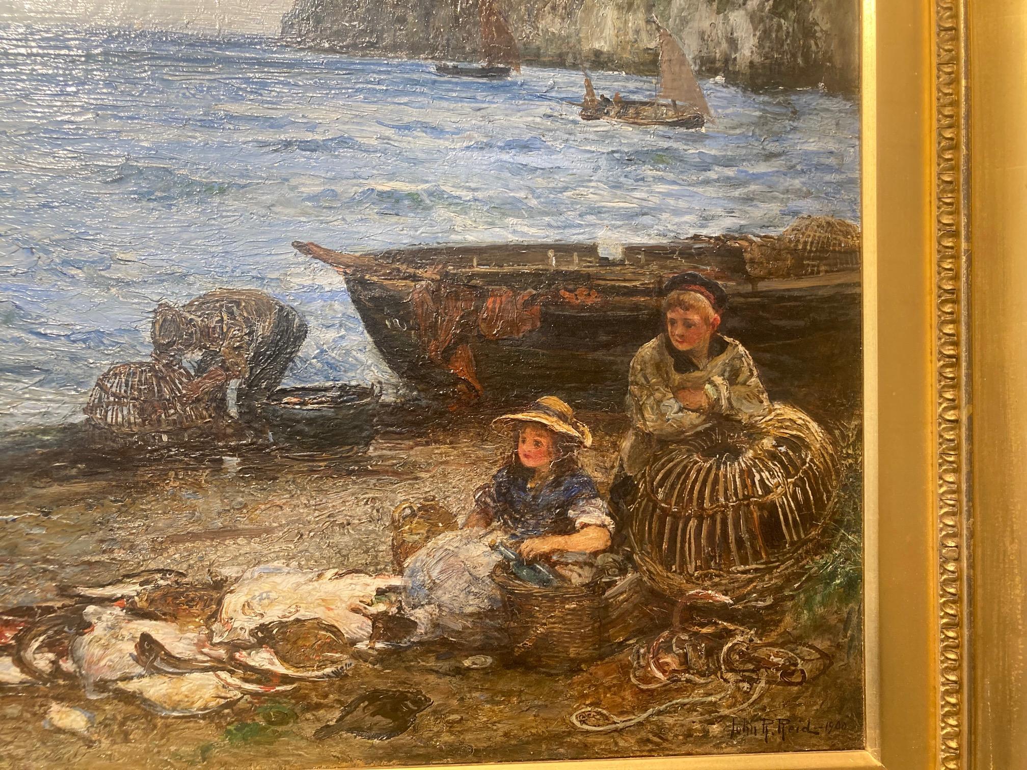 Fisherman and Children on the Beach sorting the catch - Painting by John Robertson Reid