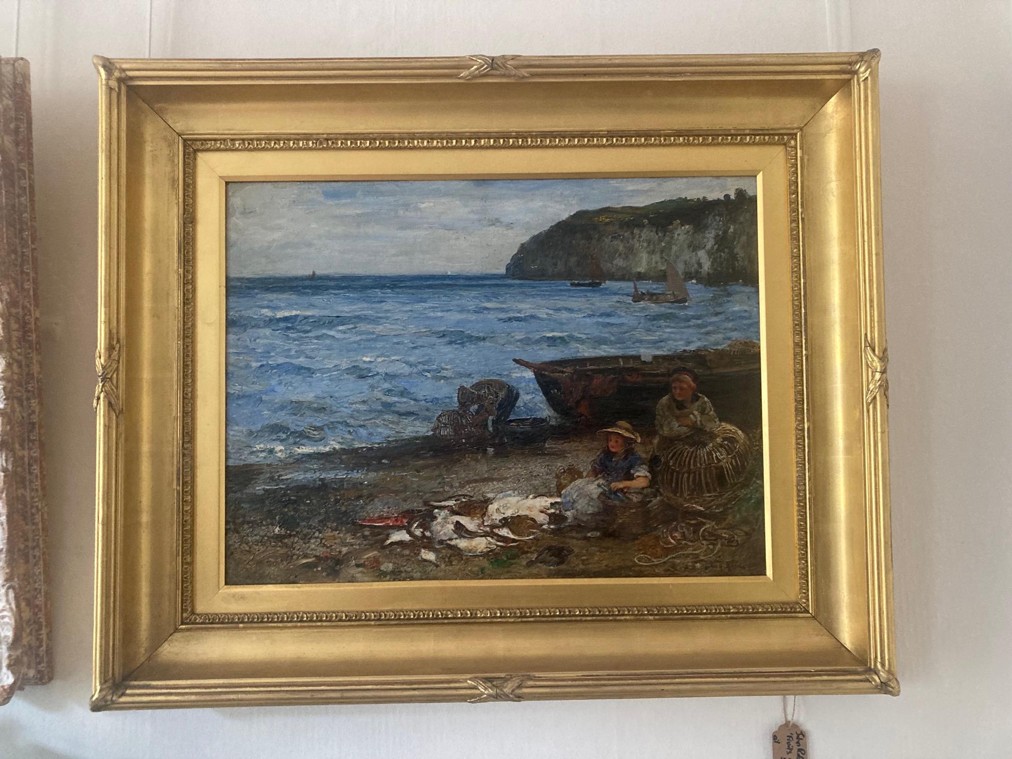  Paesaggio vittoriano Figurativo Dipinto a olio su tela di bambini e pescatore sul mare  spiaggia della Cornovaglia.  Un olio incorniciato di grandi dimensioni che raffigura un pescatore con il suo pescato e i bambini che smistano il pesce sulla