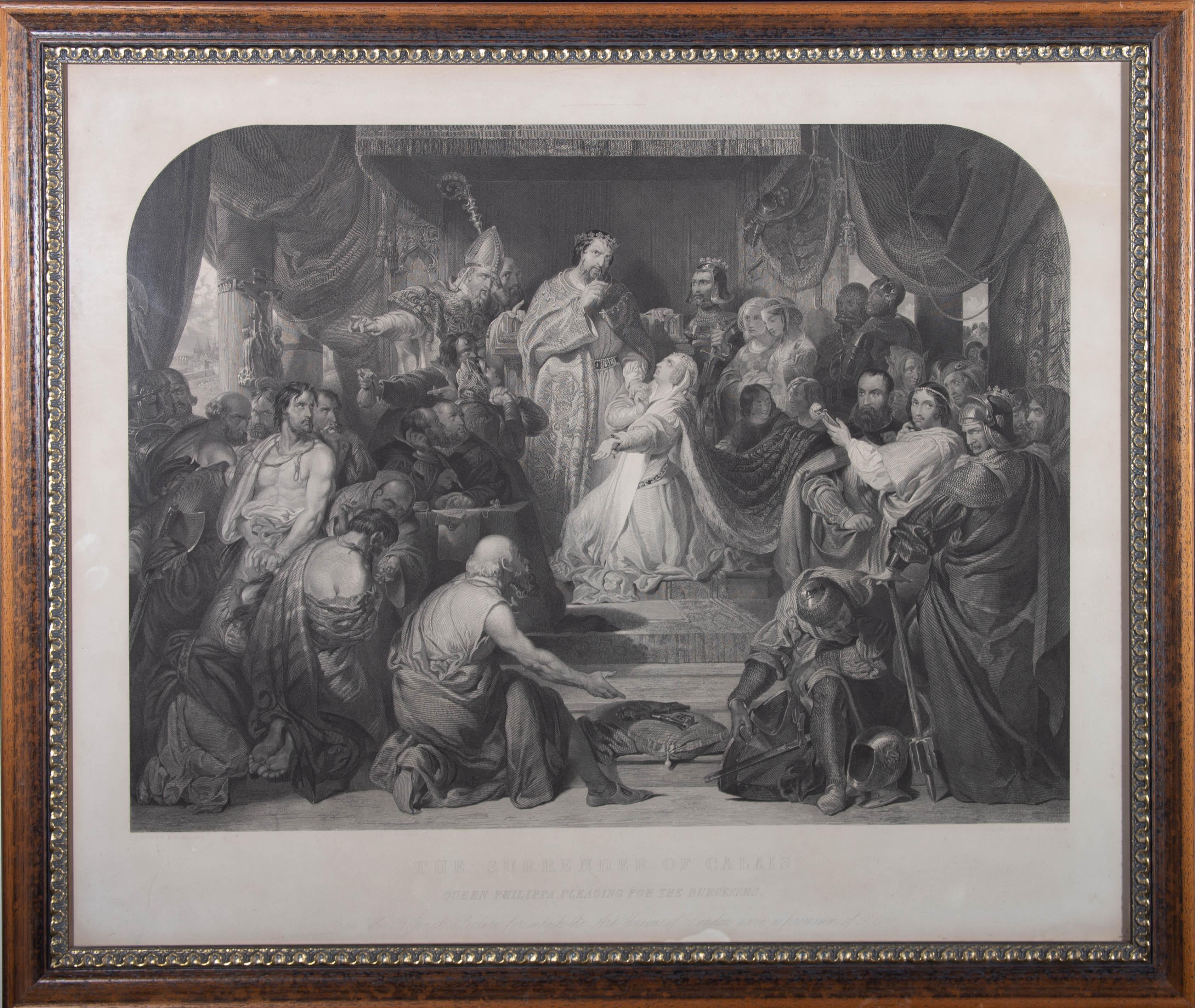 A fine 19th Century engraving showing a dramatic scene from the Hundred Year War, showing Queen Philippa pleading for the Burgesses. Philippa was a French princess who married Edward III of England in 1328. In 1347, during the early stages of the
