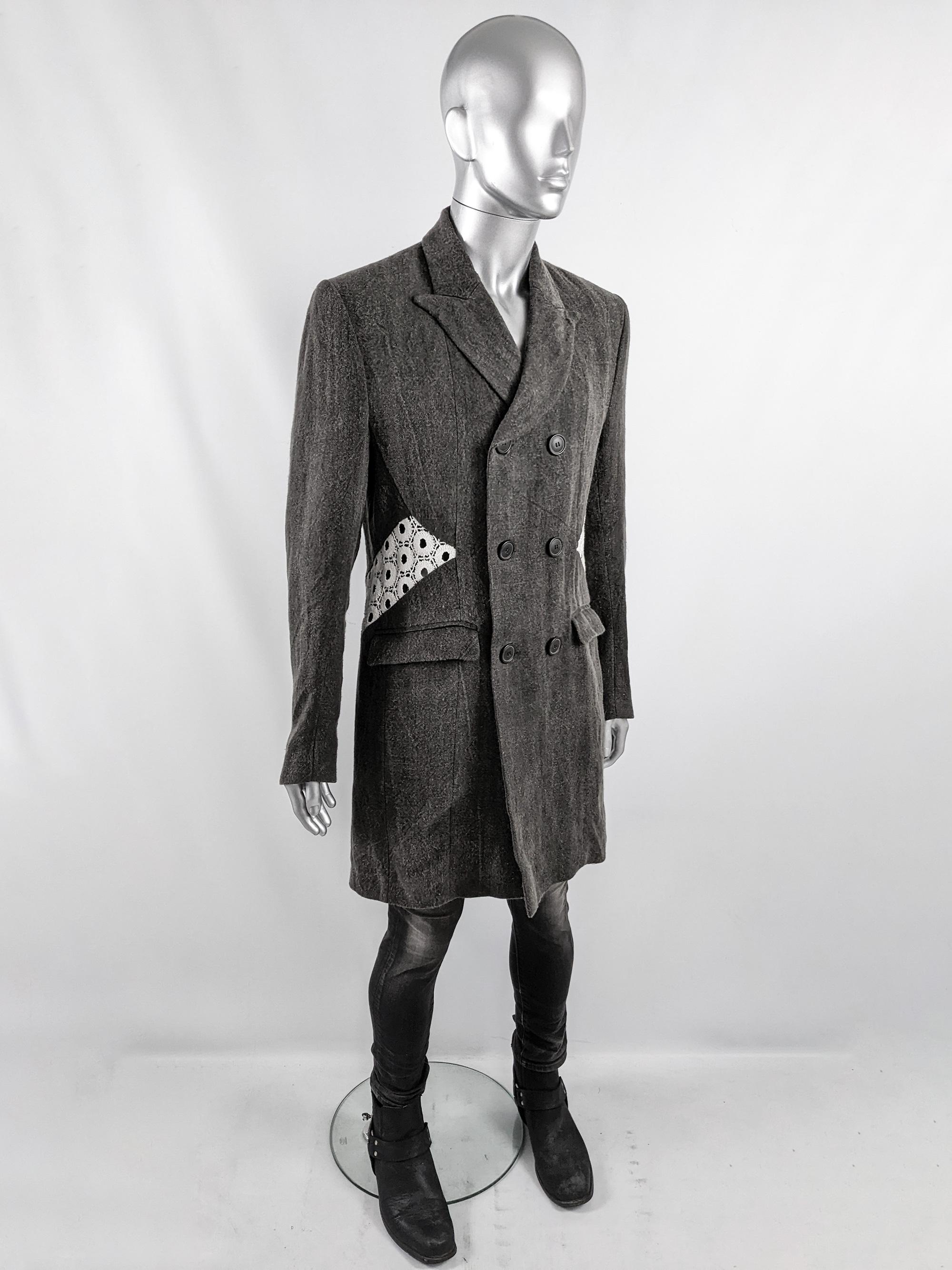 Gray John Rocha Mainline Vintage Mens Crochet Cut Out Grey Linen Shoulder Pads Coat