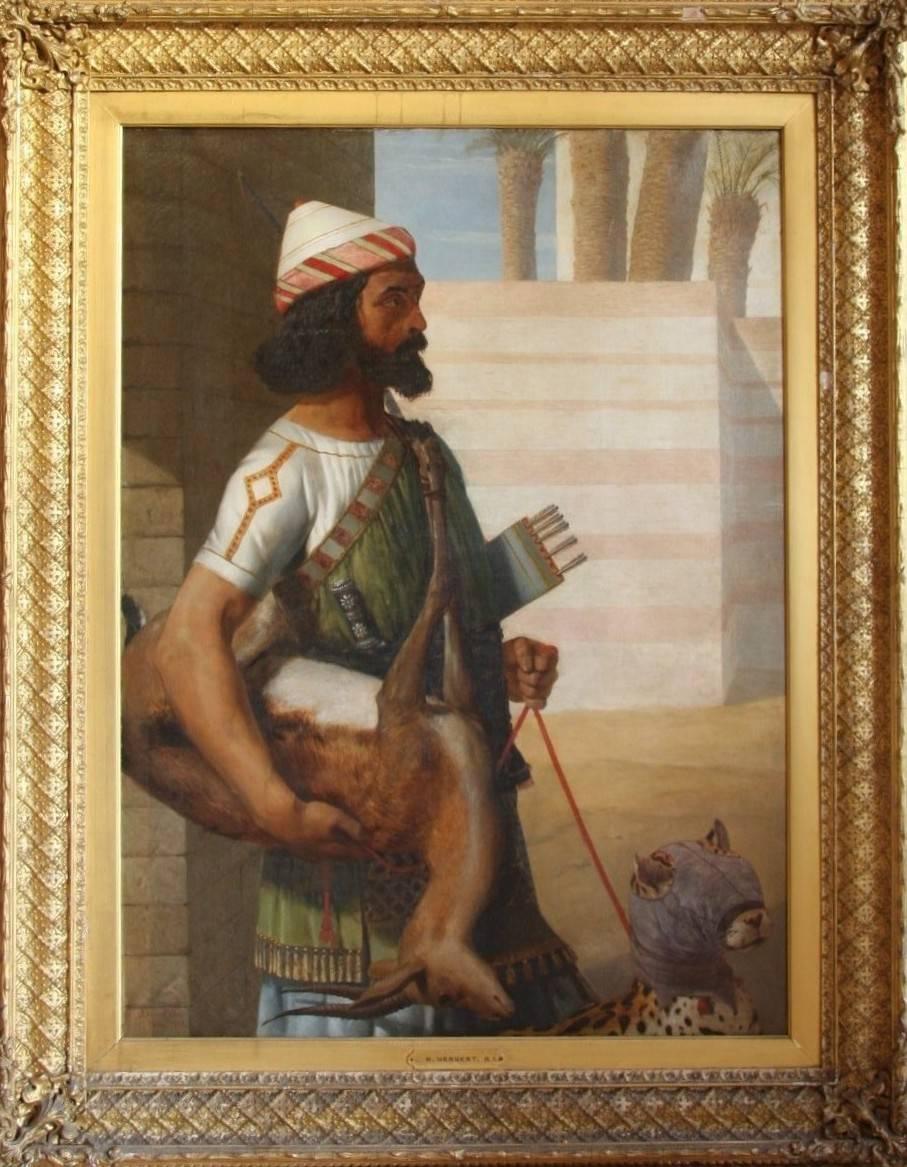 John Rogers Herbert Figurative Painting - Magnificent C19th Oil Painting of Babylonian Nobleman with a Hunting Cheetah
