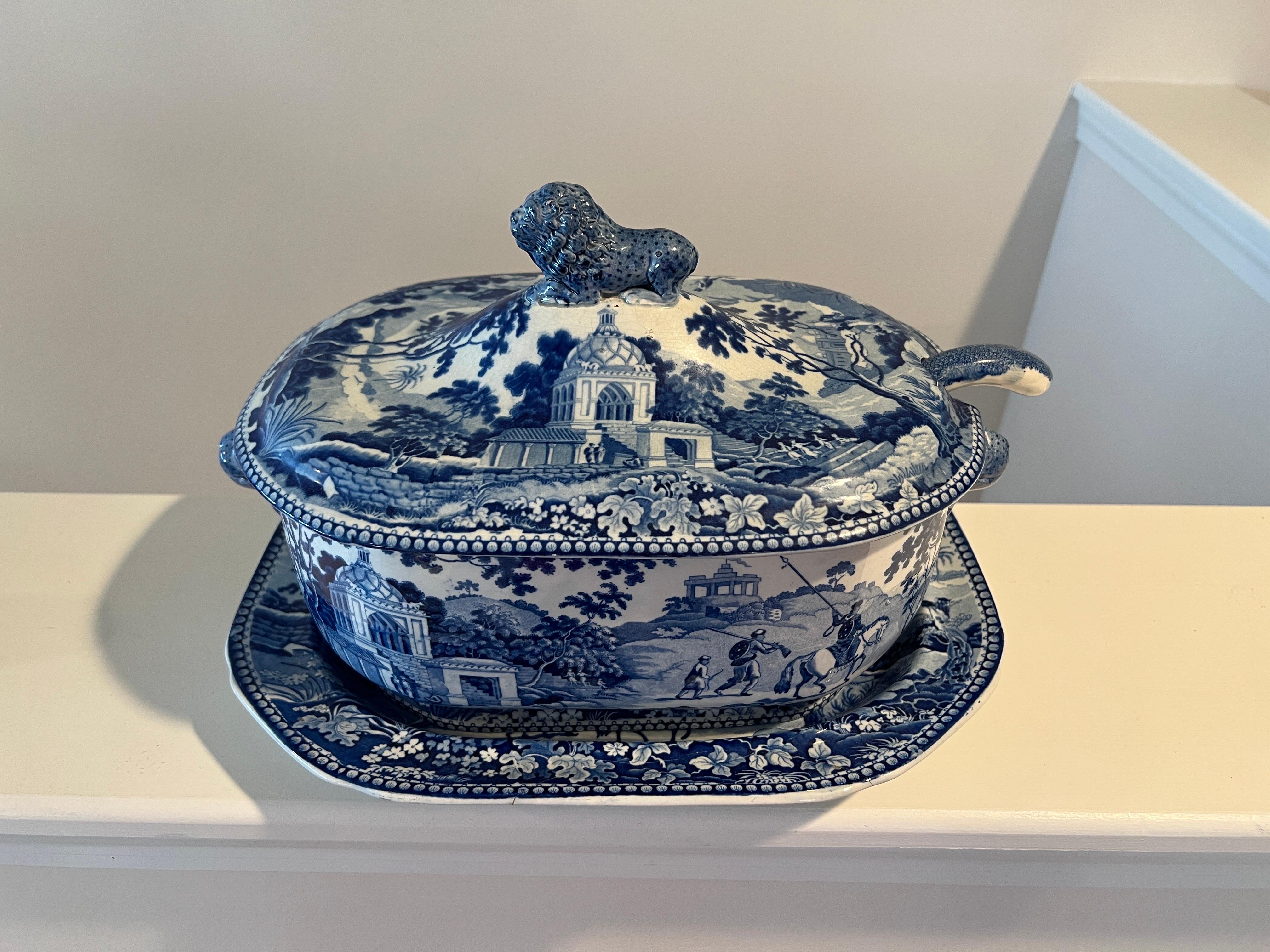 John Rogers & Sons Factory (English, 1795-1830), circa 1820. 
A 3 piece Georgian pearlware collection comprising of a tureen with lid, soup ladle and under tray. The tureen is adorned with a full bodied lion finial, large lion head handles to body