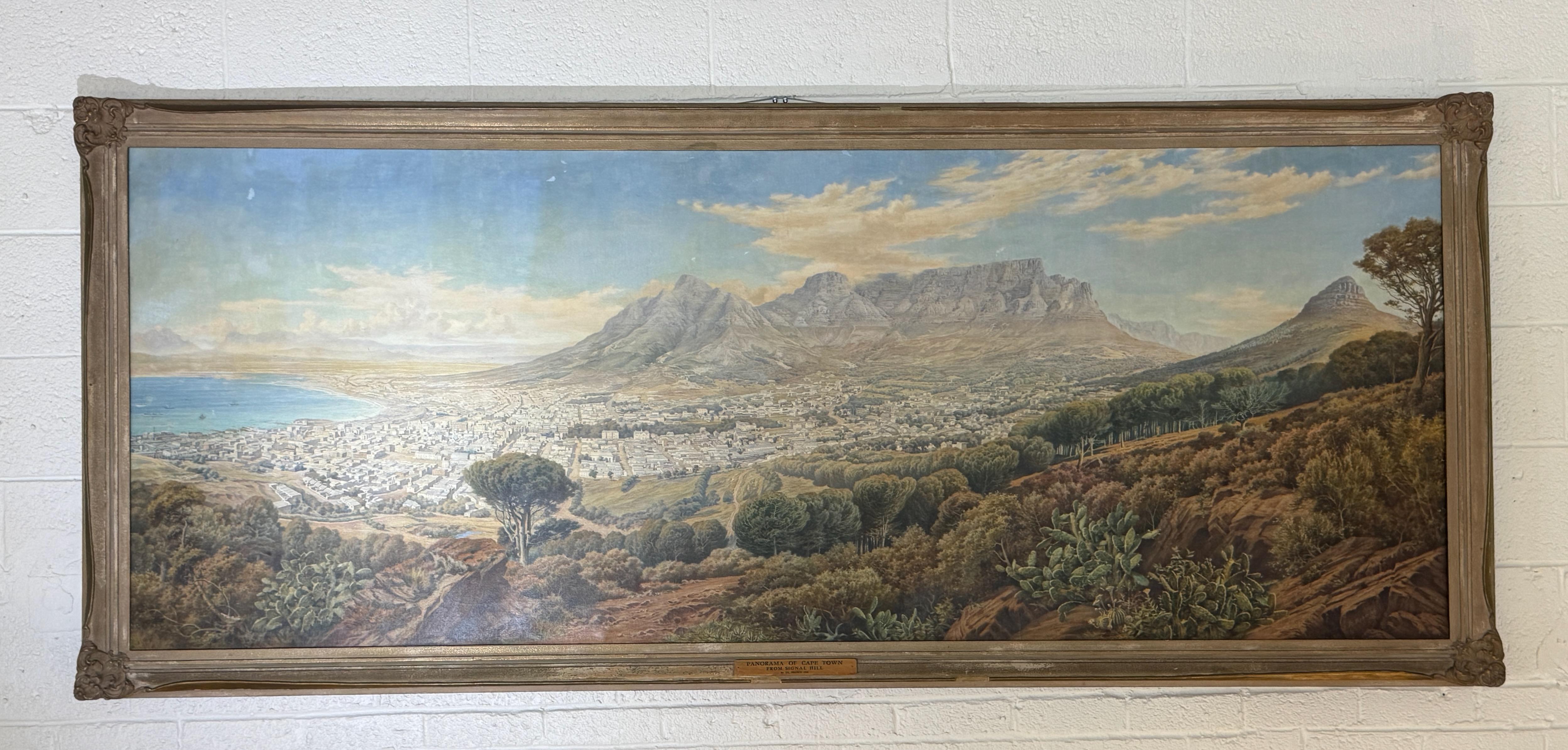 Eine monumentale Landschaft des südafrikanischen Künstlers John Roland Brown (1850-1923) aus dem frühen 20. Jahrhundert, die einen Panoramablick auf Kapstadt vom Signal Hill aus zeigt. Das detailgetreu ausgeführte Gemälde zeigt das geordnete Raster