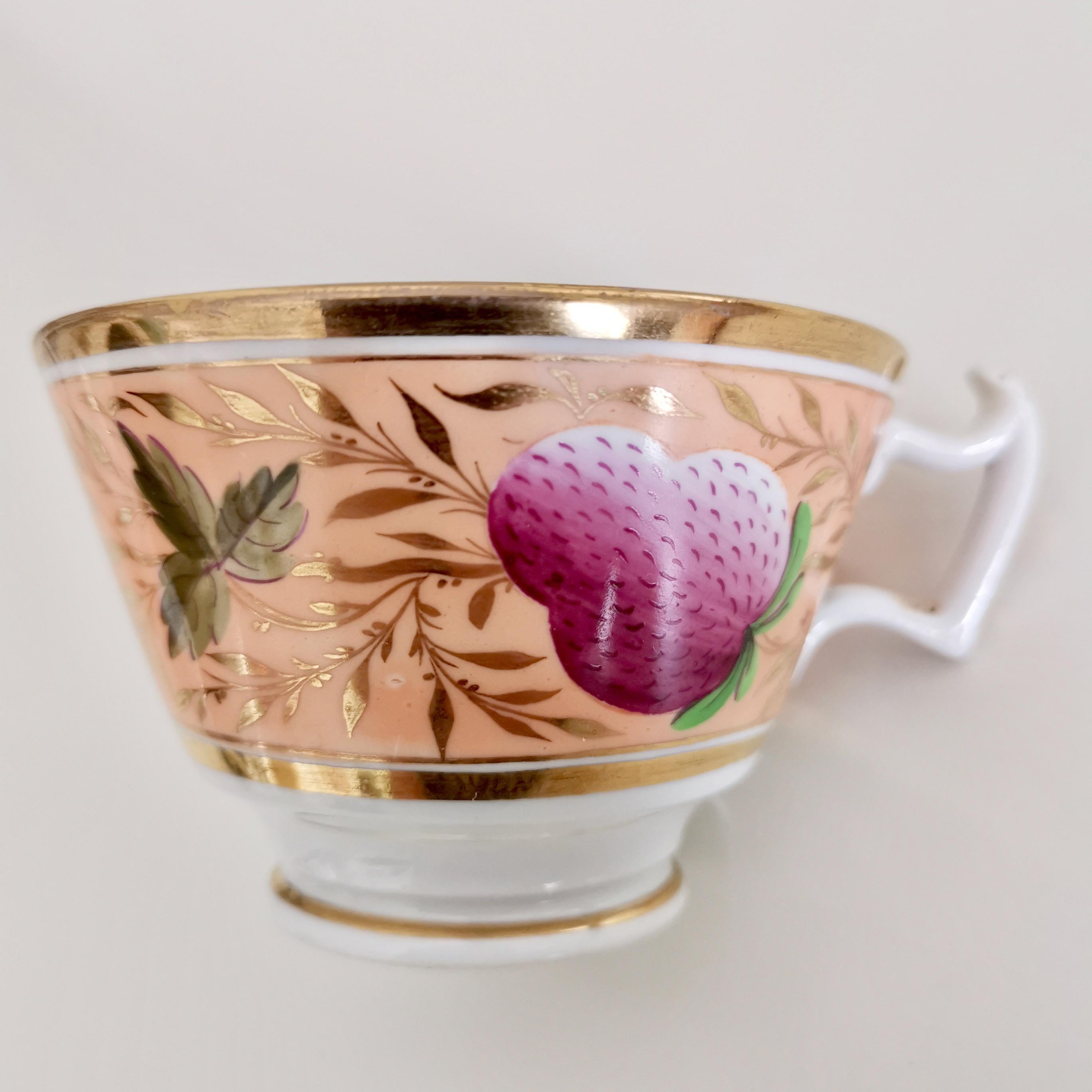 English John Rose Coalport Orphaned Teacup, Pink Strawberries Pattern, Regency ca 1815