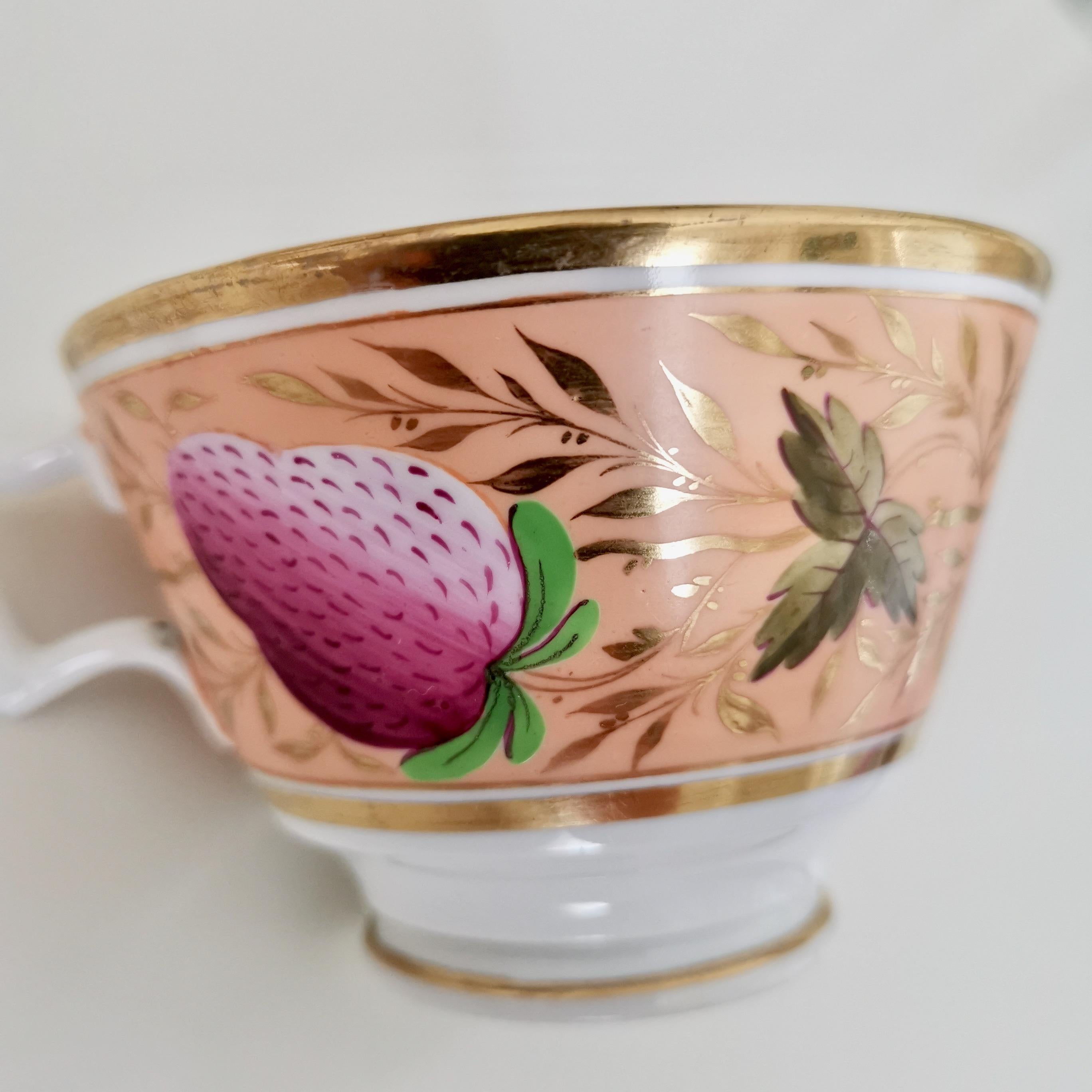 Early 19th Century John Rose Coalport Orphaned Teacup, Pink Strawberries Pattern, Regency ca 1815