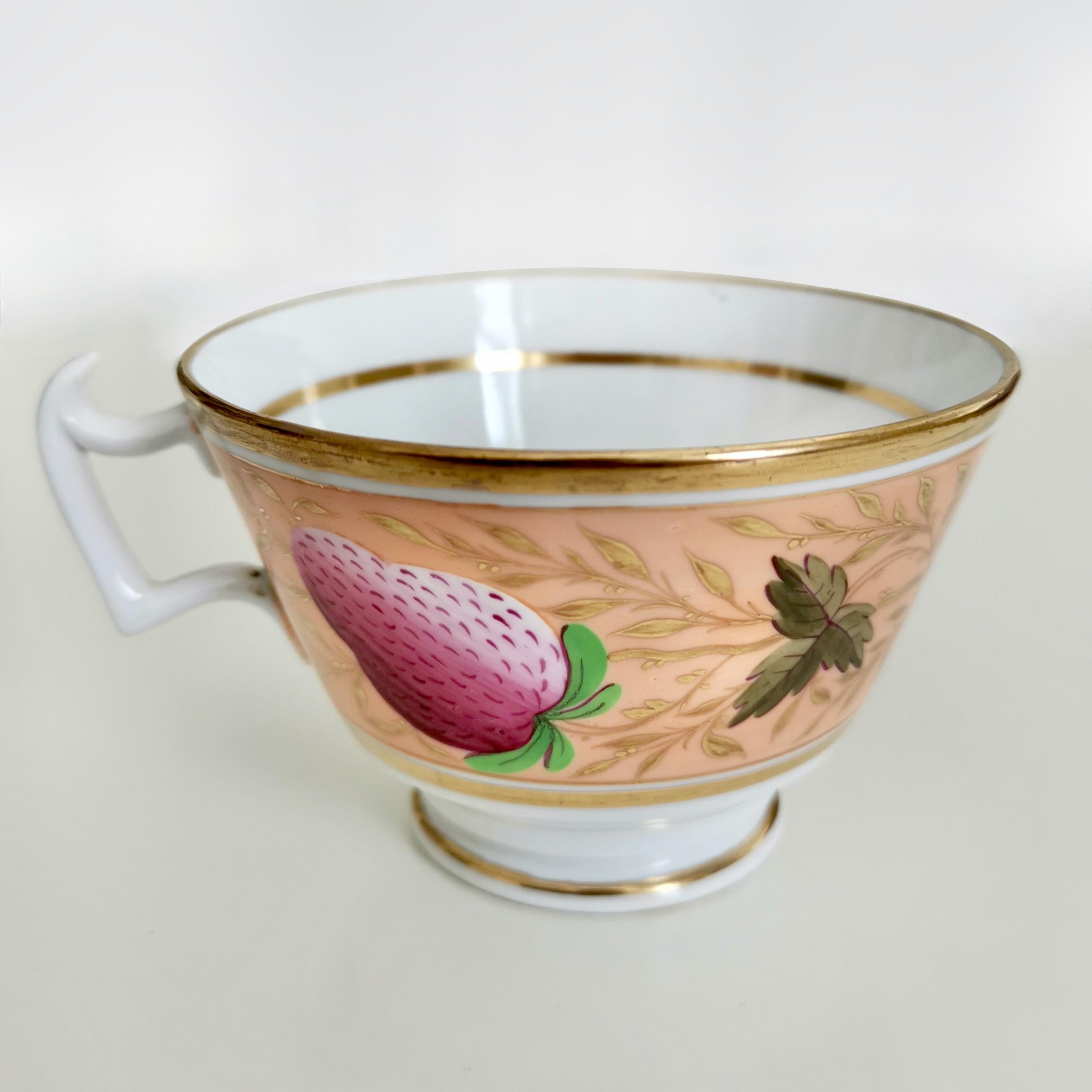 Porcelain John Rose Coalport Orphaned Teacup, Pink Strawberries Pattern, Regency ca 1815