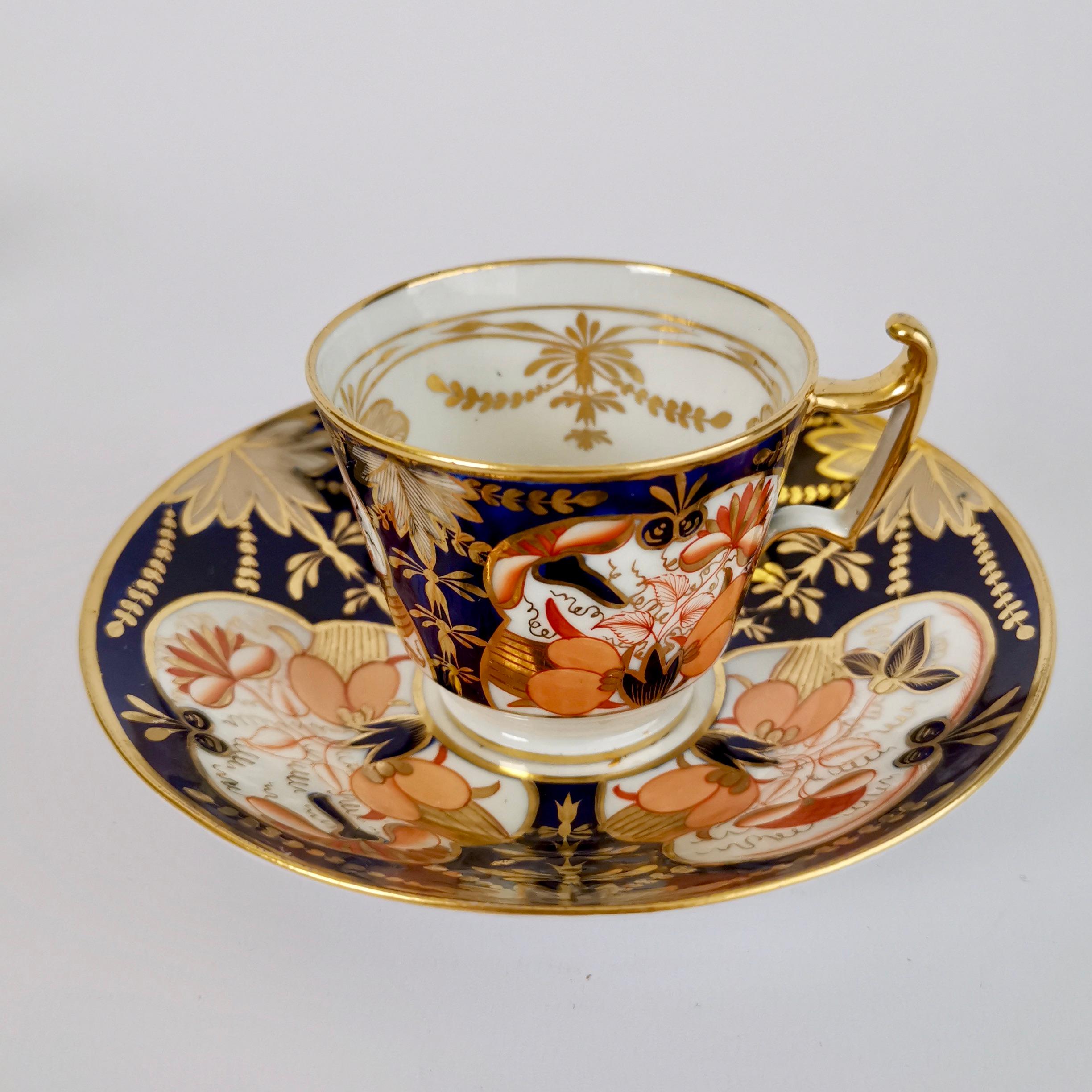 English John Rose Coalport Porcelain Teacup Trio, Japan Imari Orange, Regency, ca 1815