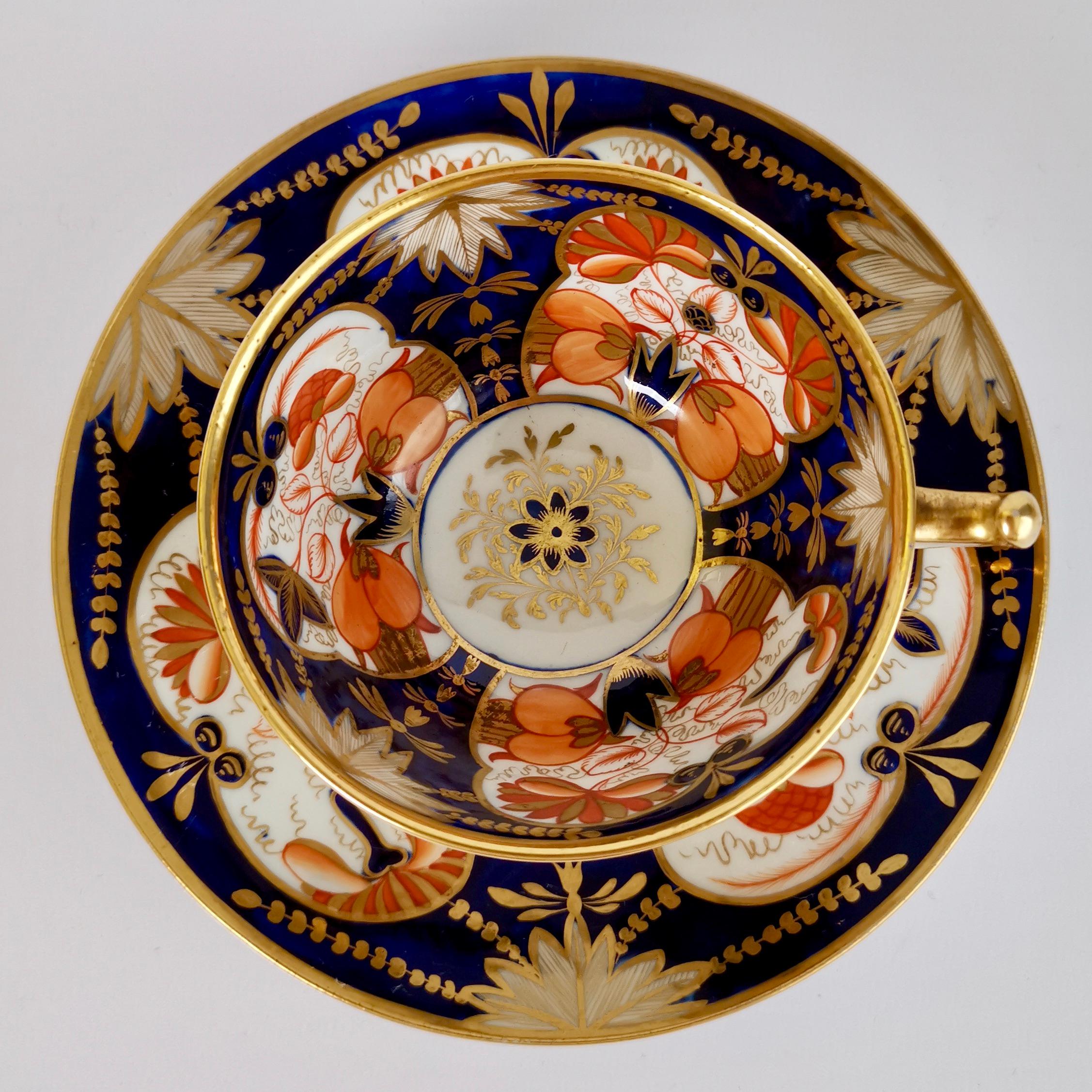 John Rose Coalport Porcelain Teacup Trio, Japan Imari Orange, Regency, ca 1815 1