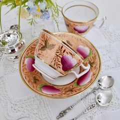 John Rose Coalport Porcelain Teacup Trio, Pink Strawberries, Regency, circa 1815