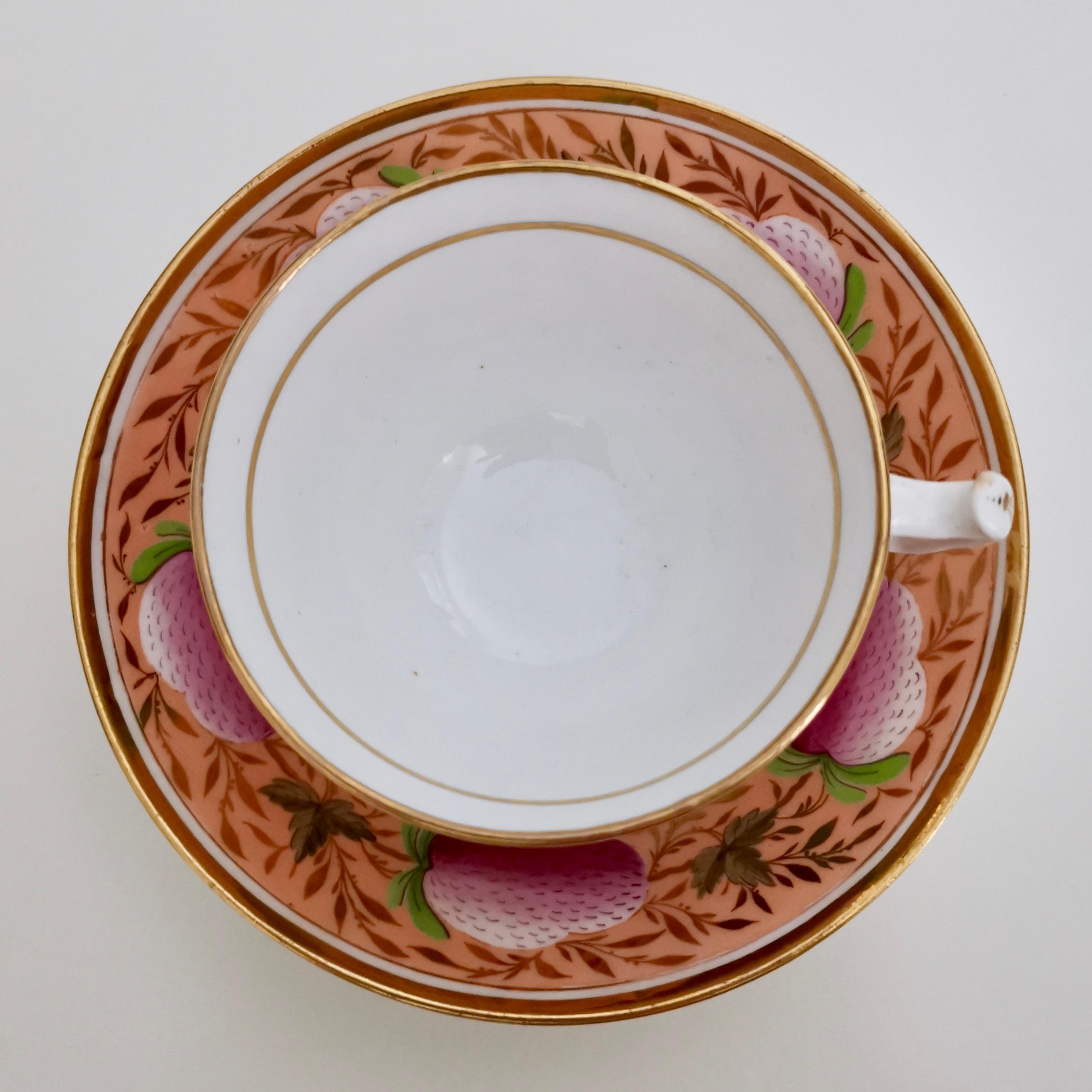 Early 19th Century John Rose Coalport Porcelain Teacup Trio, Pink Strawberries, Regency, circa 1815