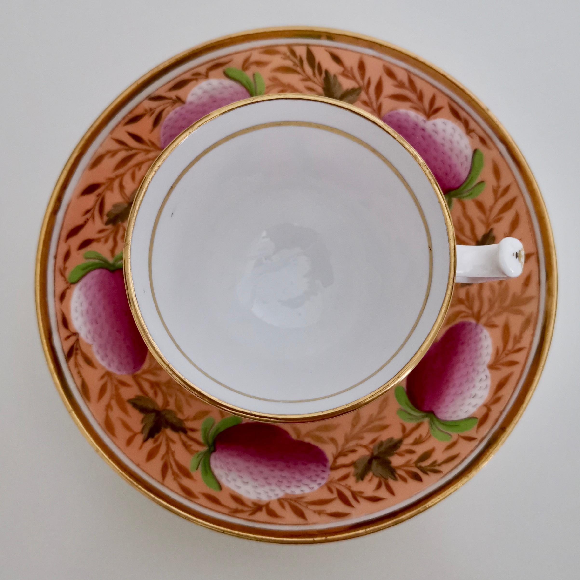 John Rose Coalport Porcelain Teacup Trio, Pink Strawberries, Regency, circa 1815 1