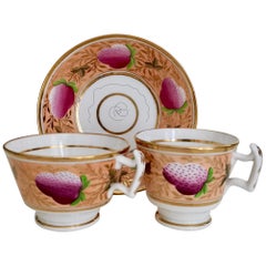 John Rose Coalport Porcelain Teacup Trio, Pink Strawberries, Regency, circa 1815