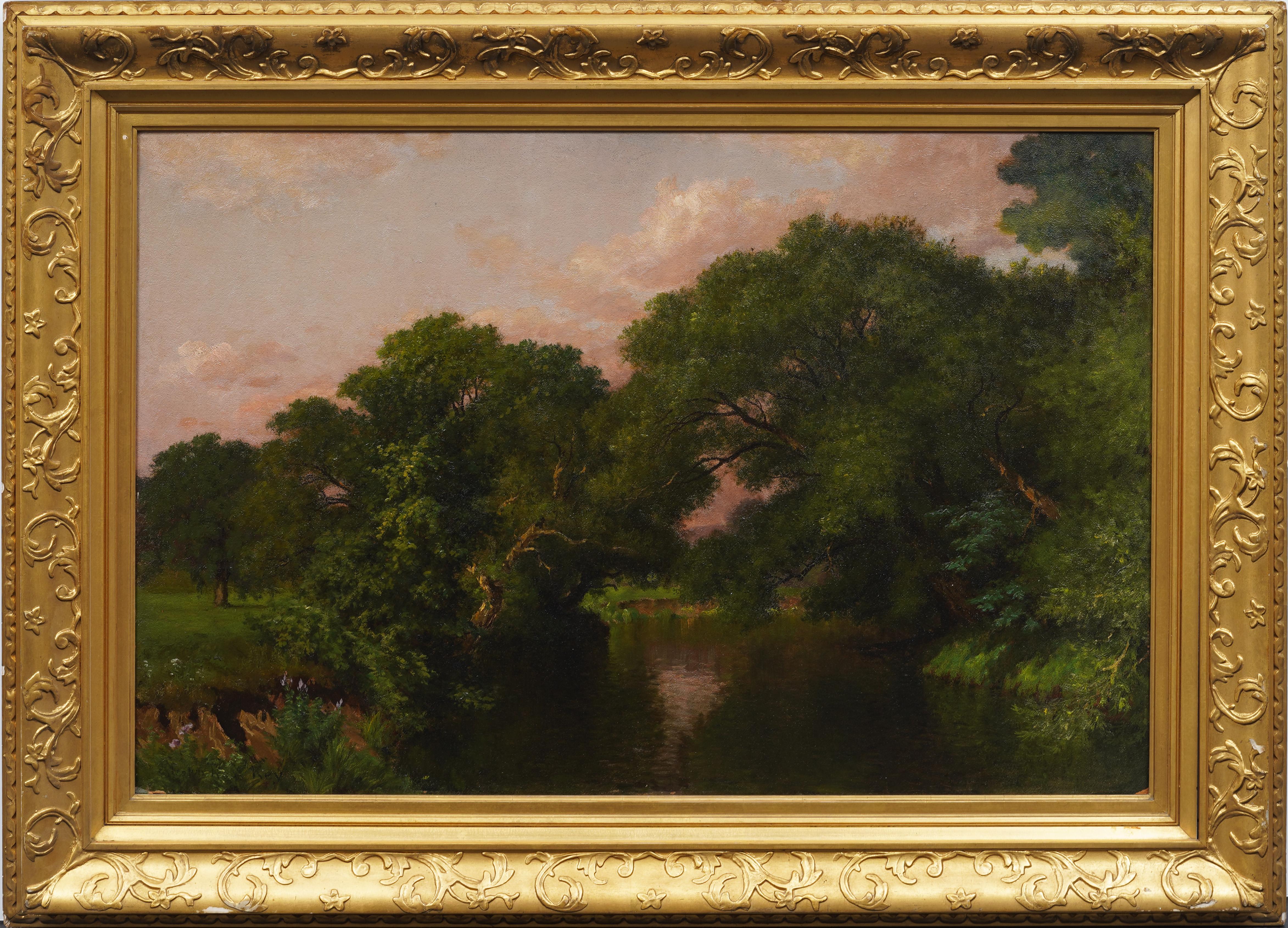 Ancienne peinture à l'huile réaliste américaine du 19e siècle, encadrée, paysage de lac d'été - Painting de John Ross Key