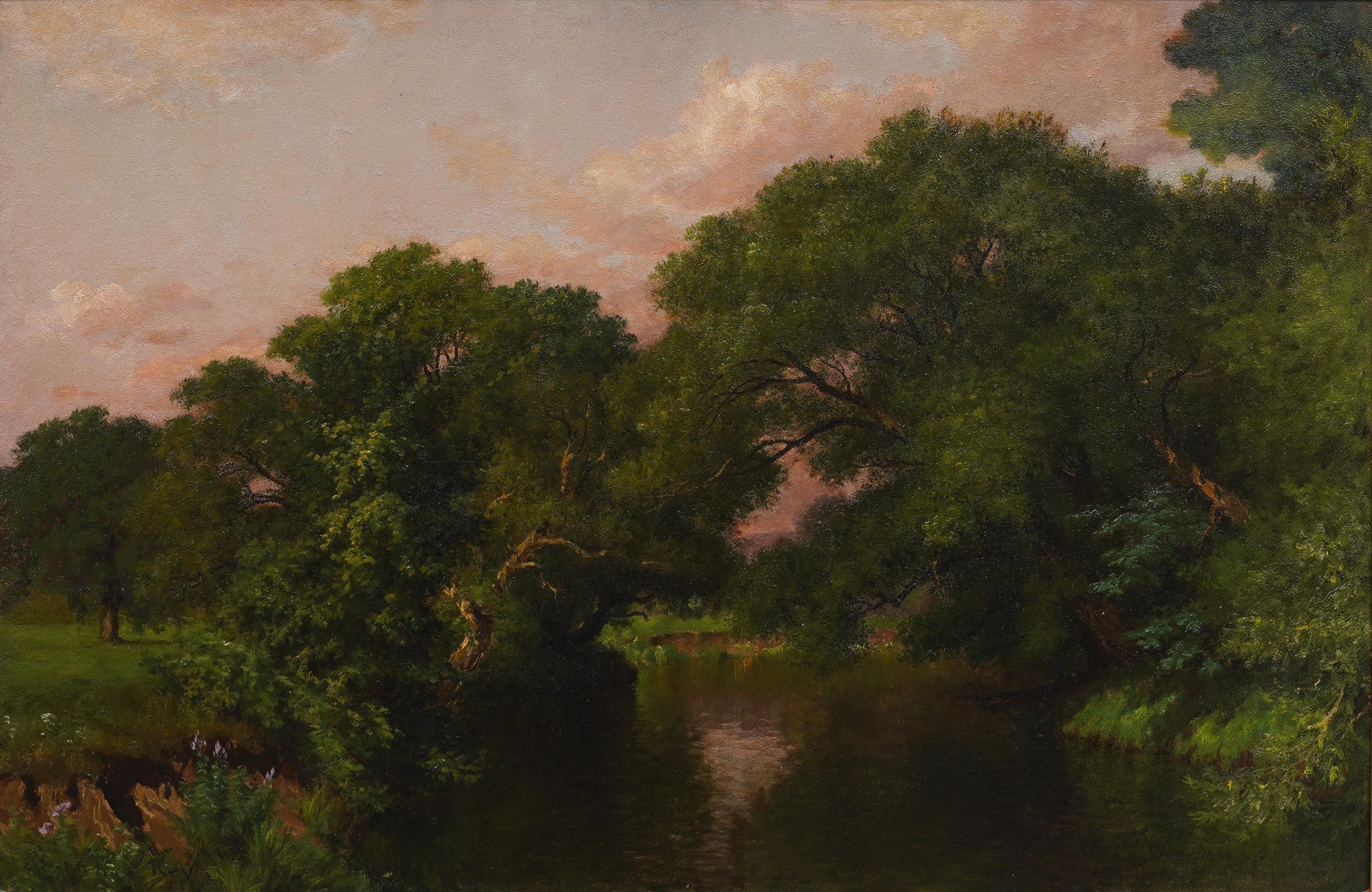 Ancienne peinture à l'huile réaliste américaine du 19e siècle, encadrée, paysage de lac d'été - Hudson River School Painting par John Ross Key