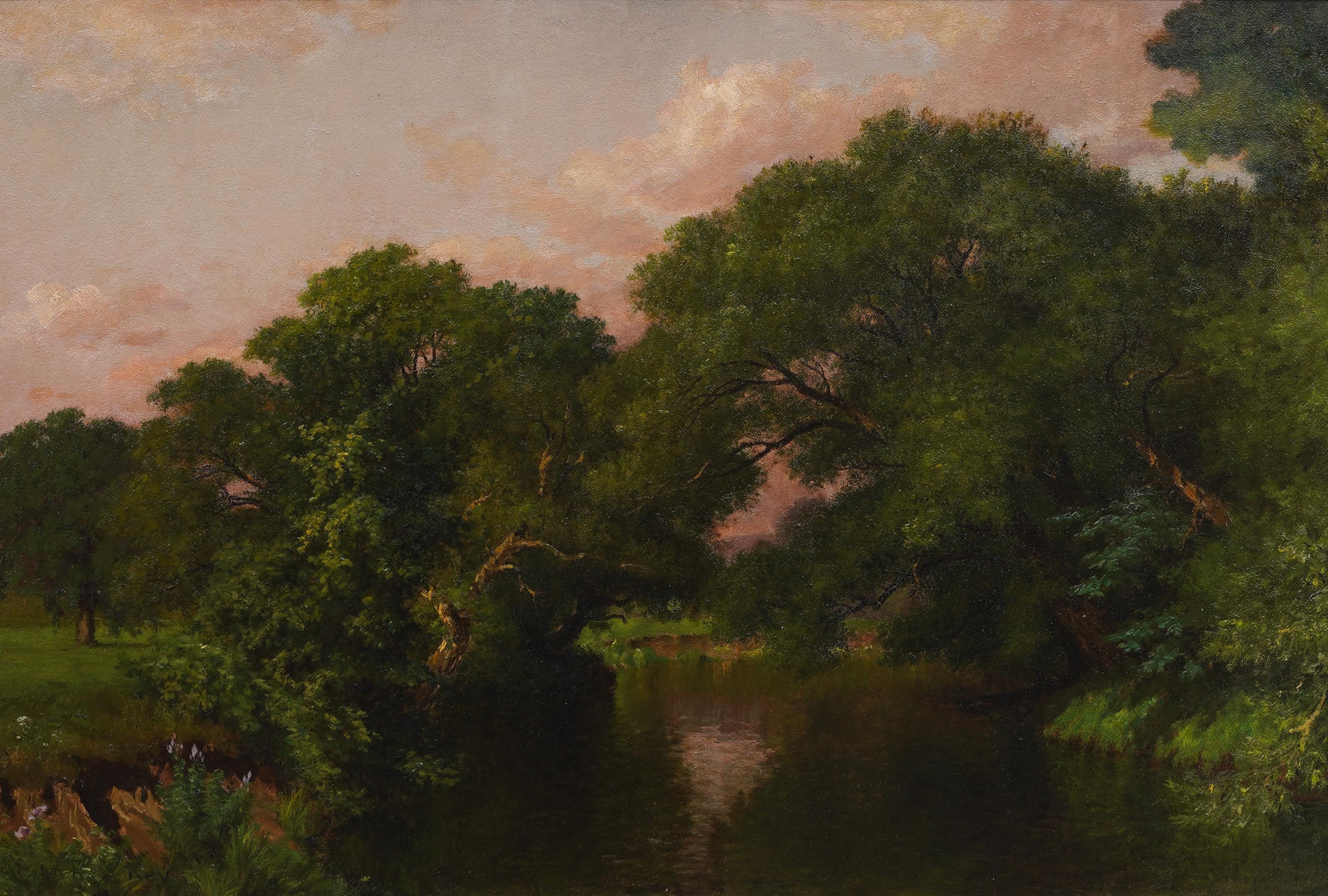 Ancienne peinture à l'huile réaliste américaine du 19e siècle, encadrée, paysage de lac d'été - Marron Landscape Painting par John Ross Key