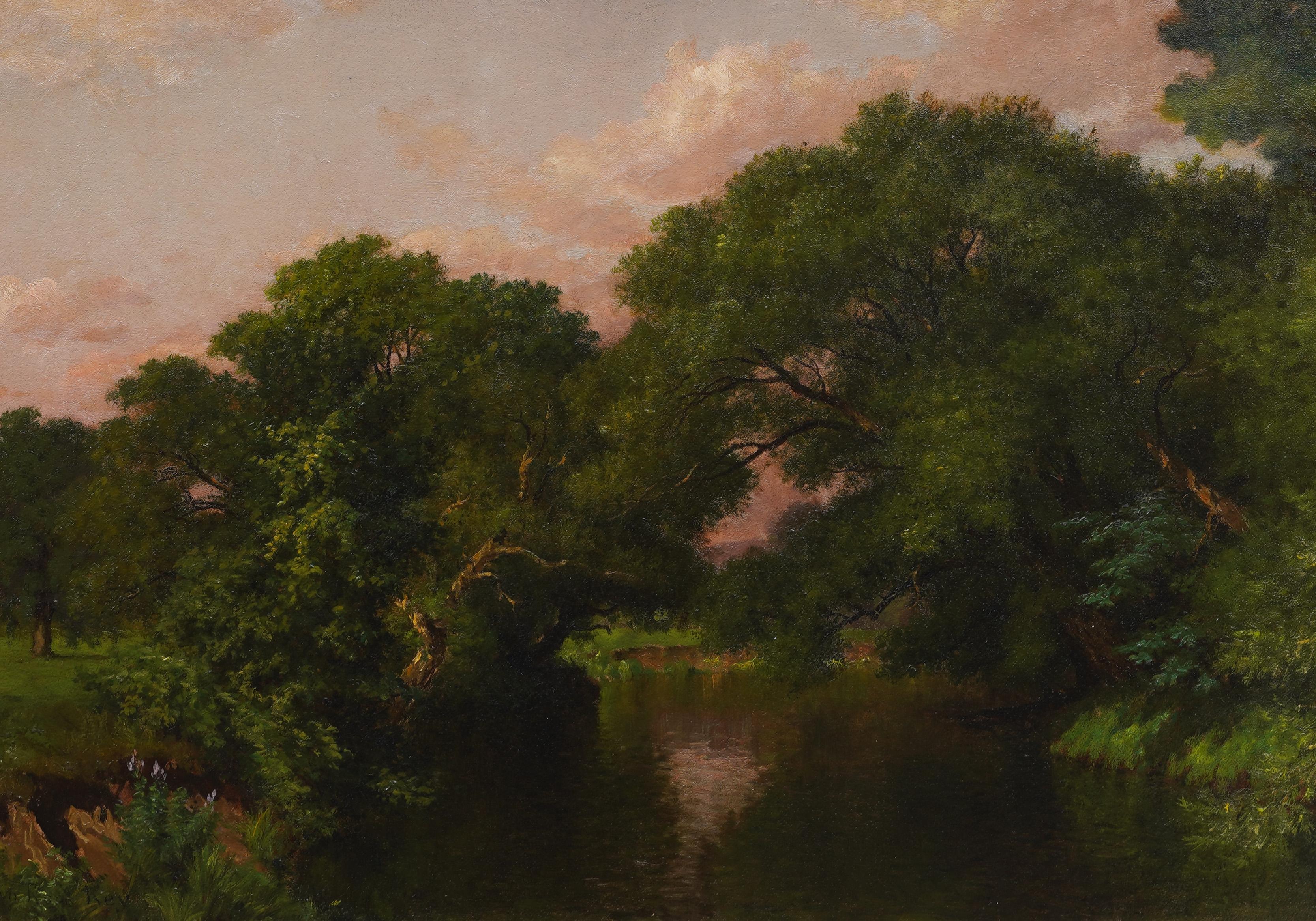 Ancienne peinture à l'huile de paysage réaliste américain de John Ross Key (1837 - 1920). Huile sur planche.   Encadré.  Signé.  En excellent état d'origine. Joliment encadrée dans un  moulures en bois doré.  Excellent état, prêt à être accroché et