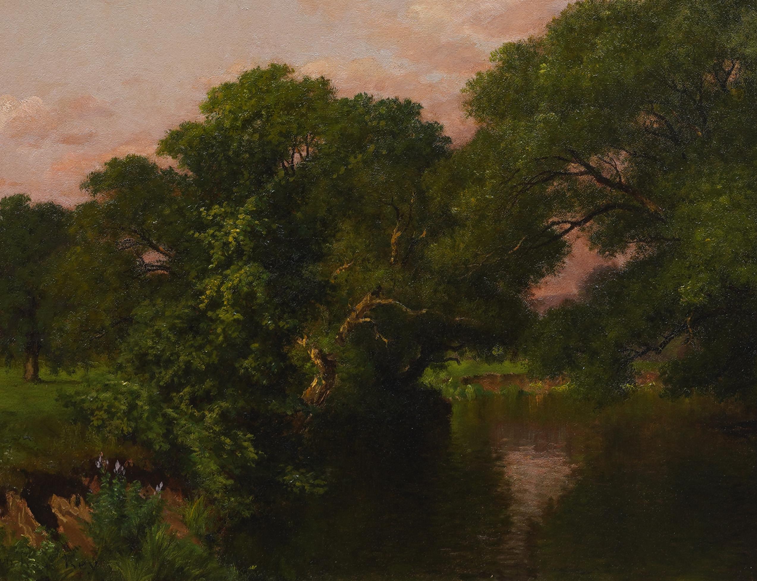 Ancienne peinture à l'huile réaliste américaine du 19e siècle, encadrée, paysage de lac d'été en vente 1