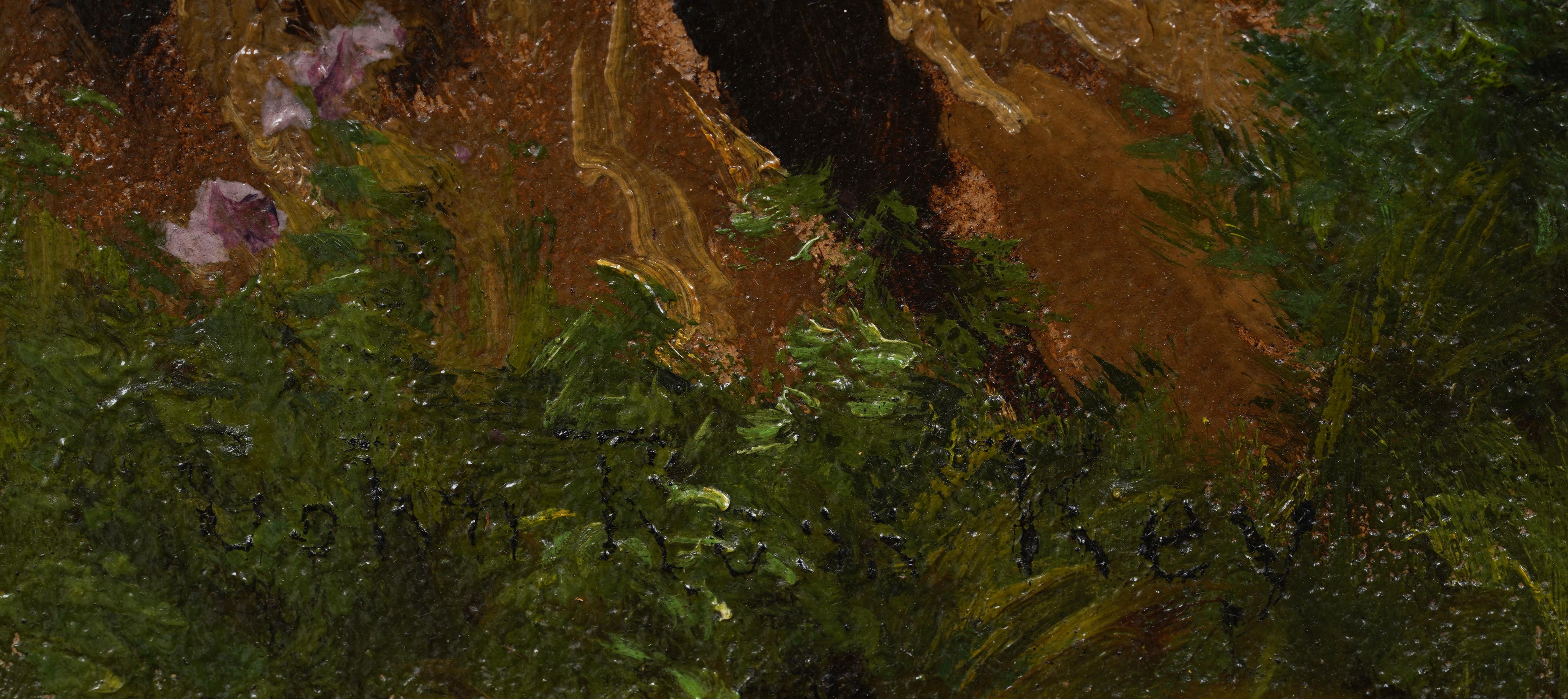 Ancienne peinture à l'huile réaliste américaine du 19e siècle, encadrée, paysage de lac d'été en vente 2