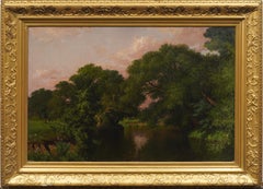 Antique American 19th Century Realist Framed Summer Lake Landscape Oil Painting