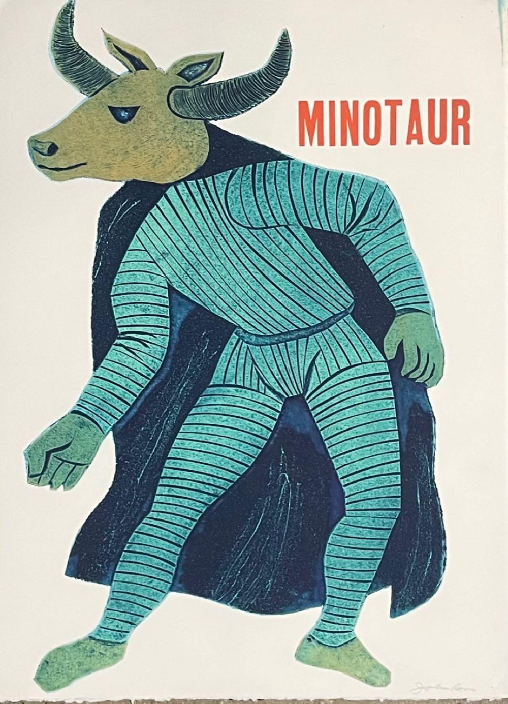 Five Characters from Comedia del Arte - Beige Figurative Print by John Ross