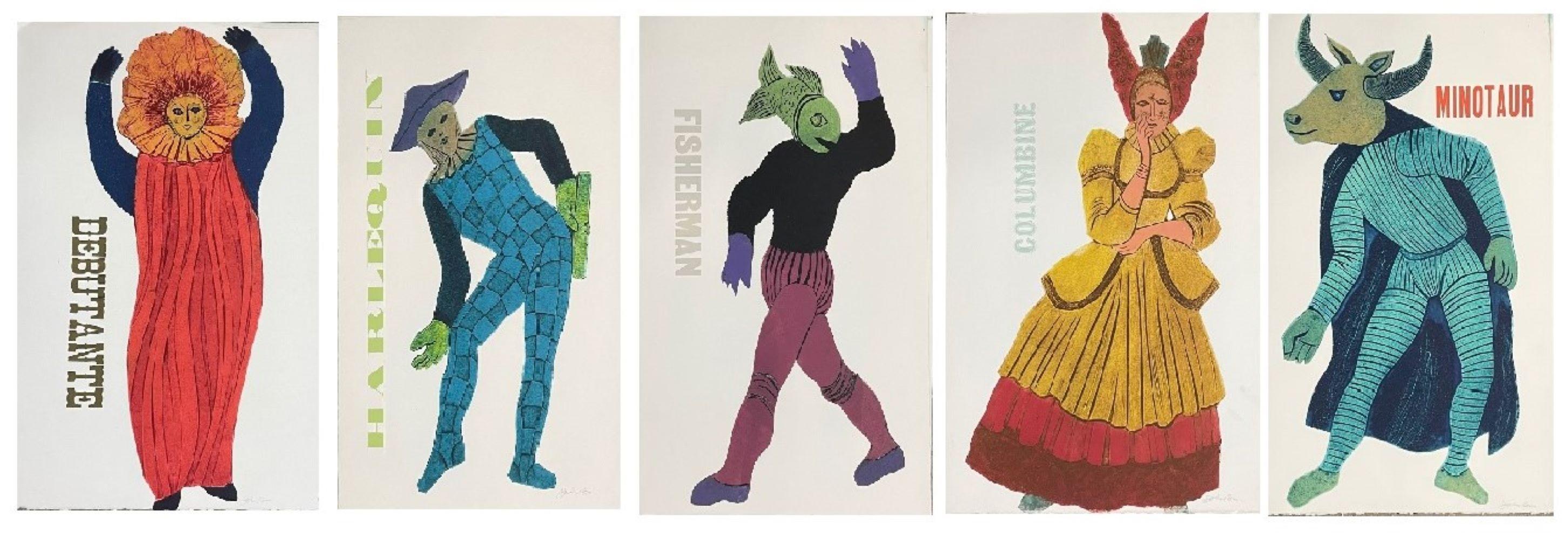 John Ross Figurative Print - Five Characters from Comedia del Arte