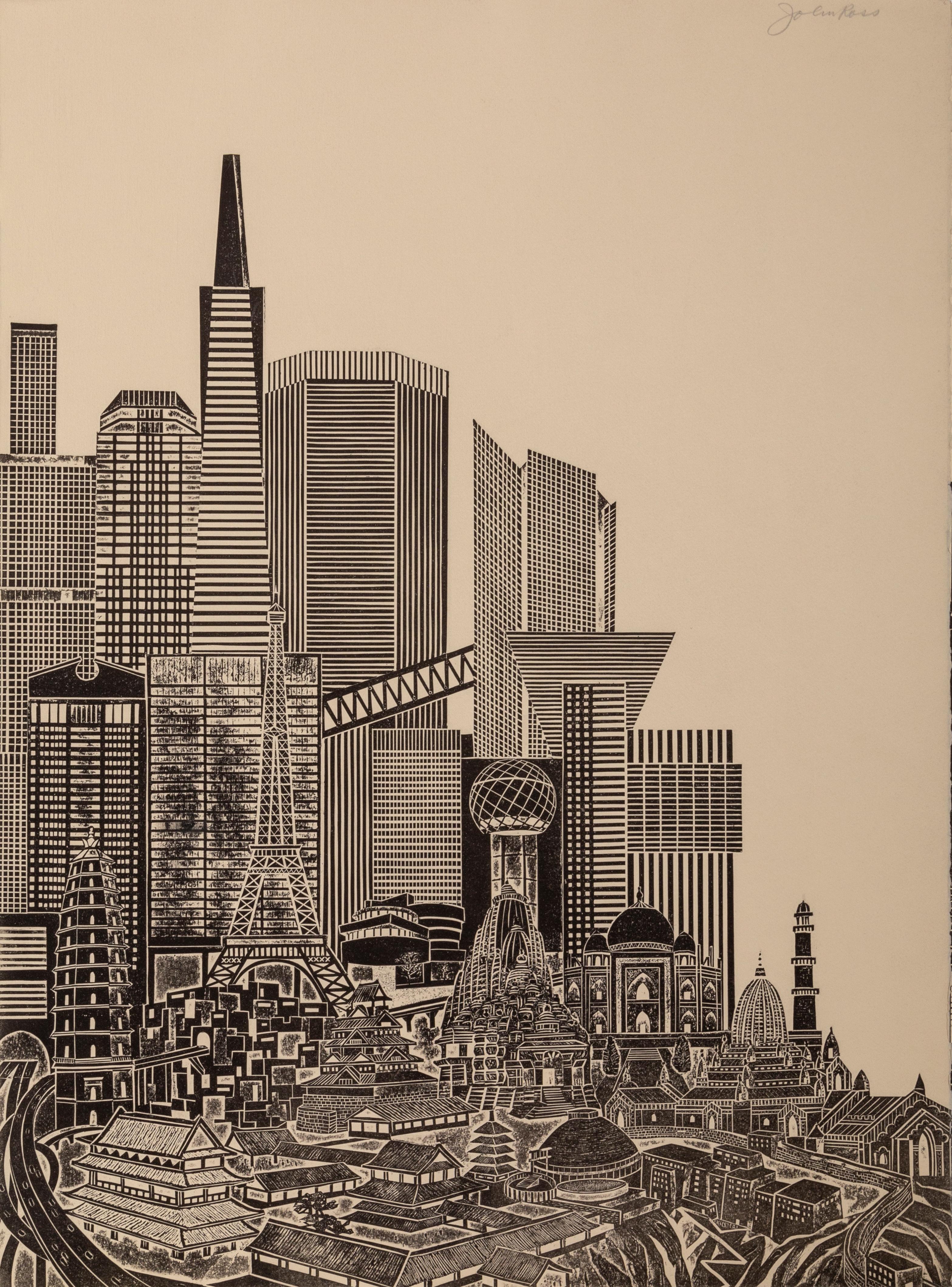 Homage to the City - Day, Triptych - Brown Landscape Print by John Ross