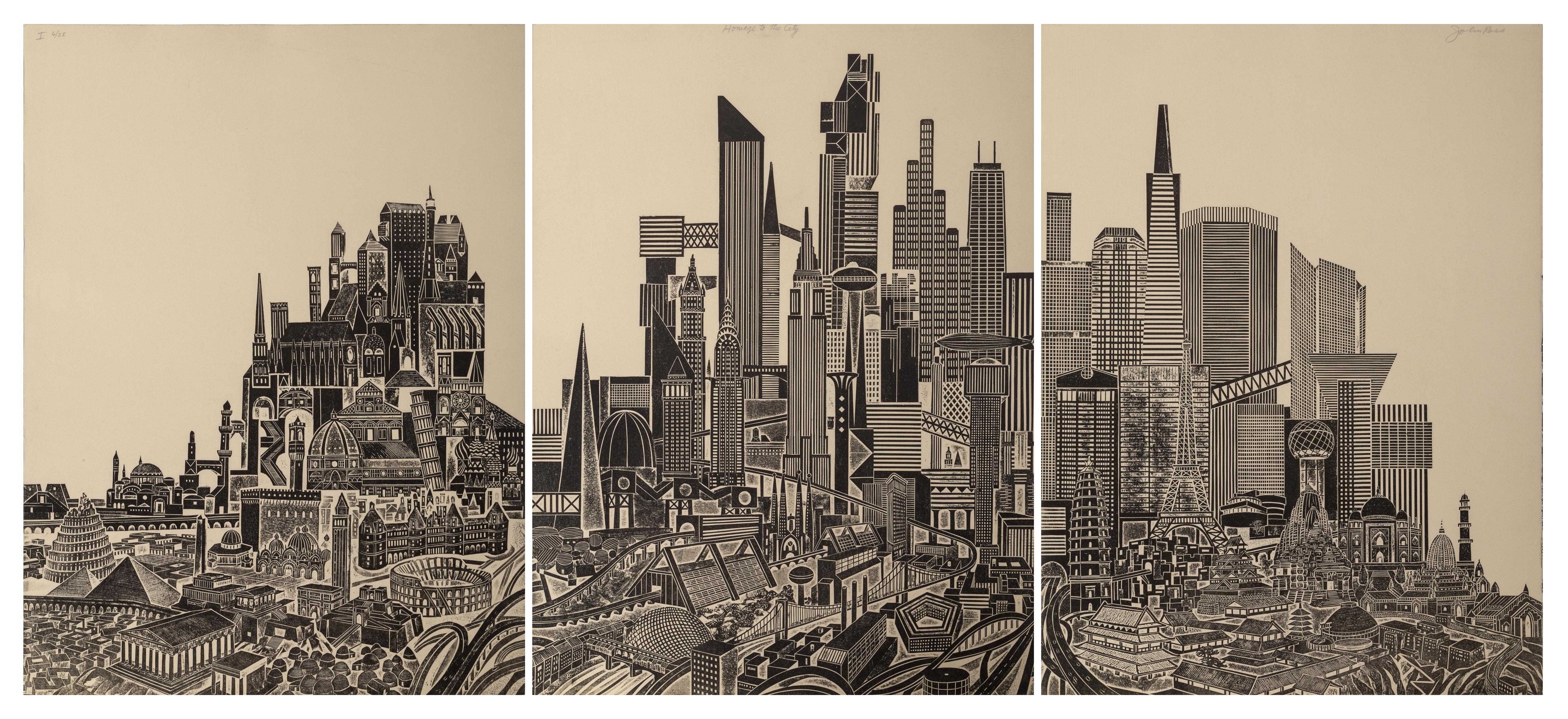John Ross Landscape Print - Homage to the City - Day, Triptych