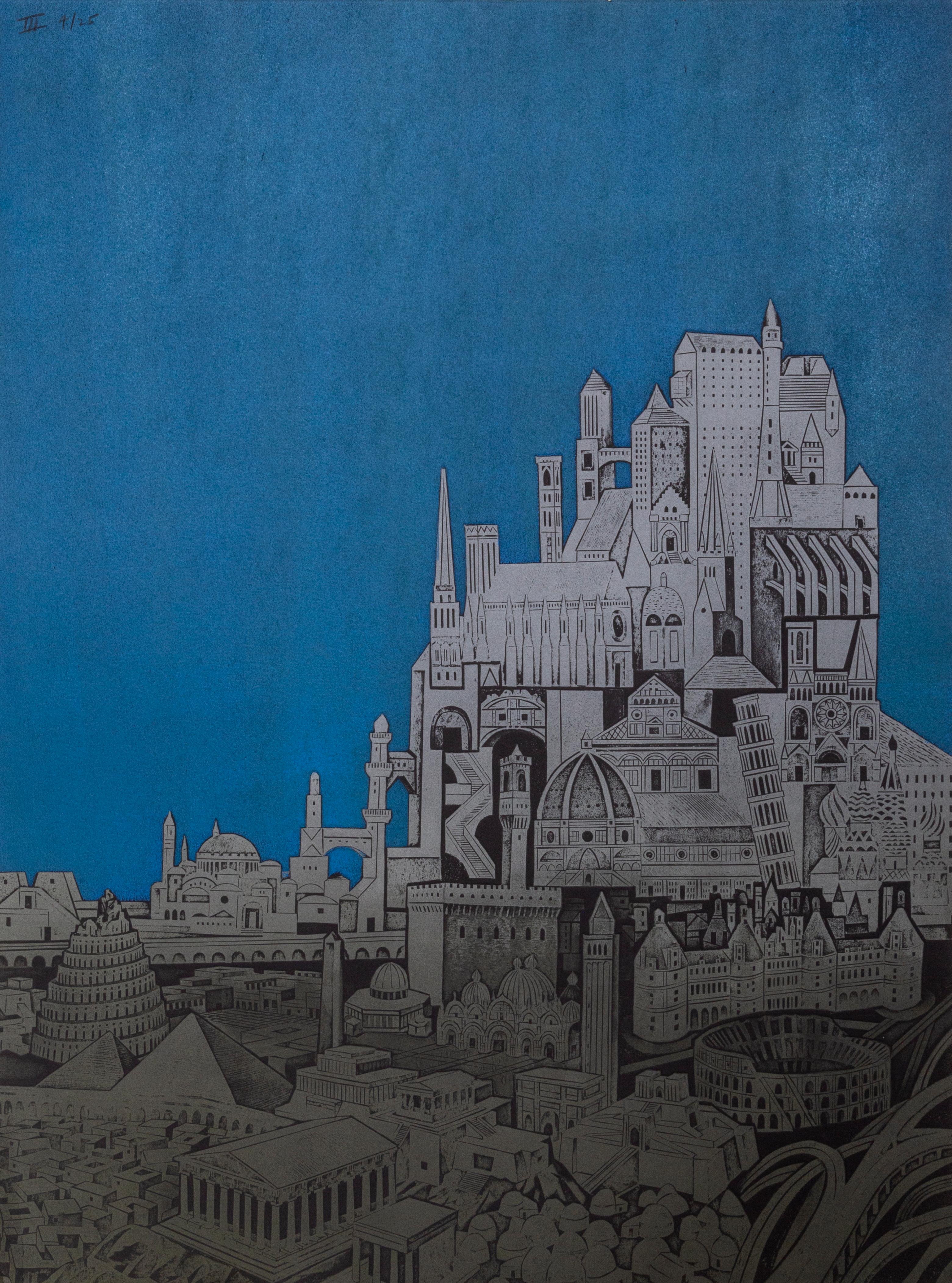Artist: John Ross
Title: Homage to the City, Night
Medium: Collagraph Triptych, signed, numbered, and titled in pencil 
Edition: 4/25
Size: 29.5 x 22 in. (74.93 x 55.88 cm) Each