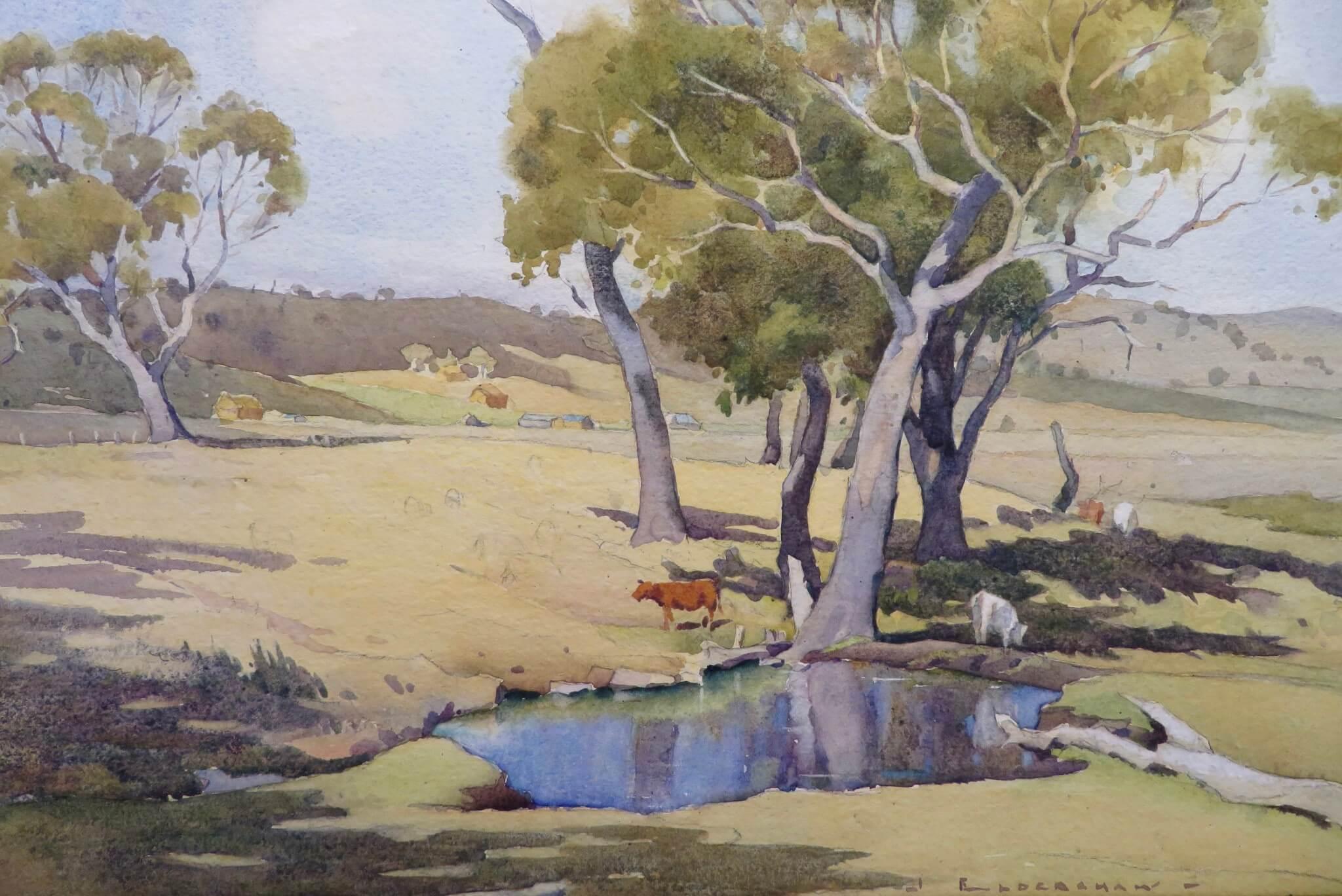 John Roy Eldershaw (1892-1973) Acuarela australiana NUEVA GALES DEL SUR TAZMANIA en venta 3