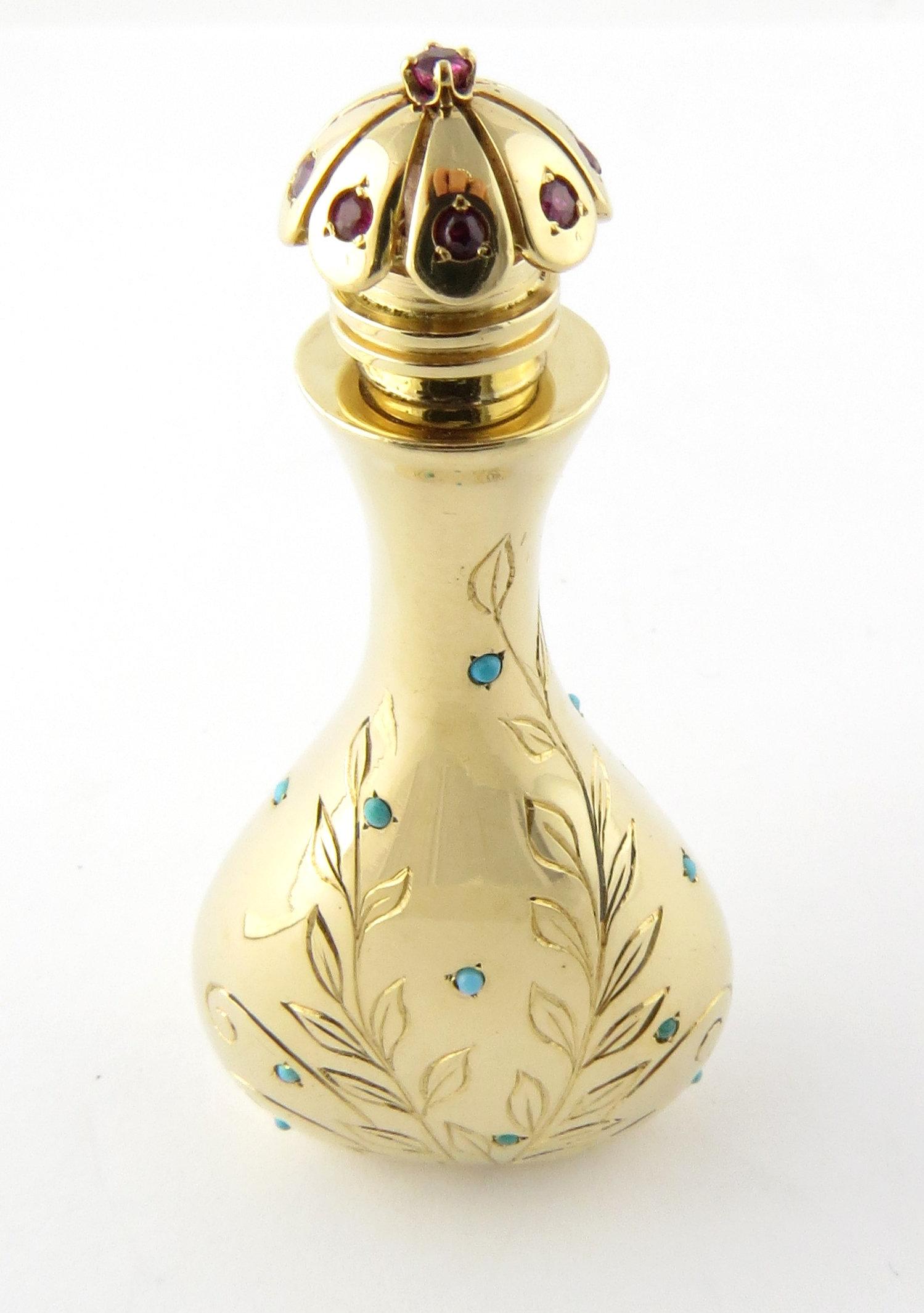 Round Cut John Rubel & Co. 14 Karat Yellow Gold Turquoise and Ruby Perfume Bottle Flacon