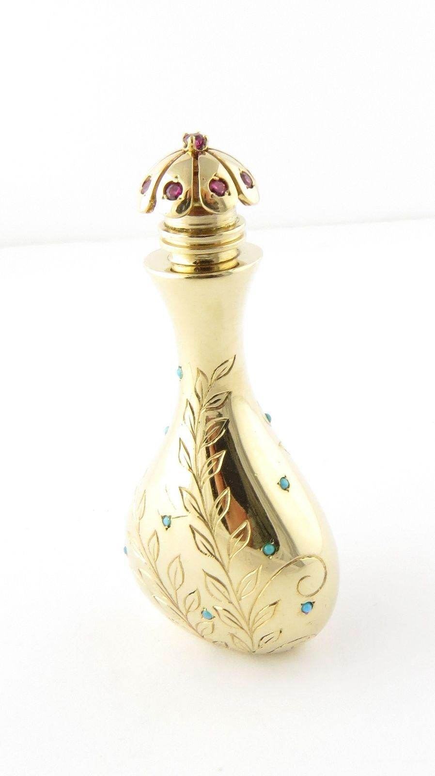 John Rubel Co. Vintage 14-karat yellow gold turquoise and ruby perfume bottle flacon
This beautiful piece was created by John Rubel Co., circa 1945.
John Rubel also designed jewelry for Van Cleef and Arpels
This perfume decanter is approx. 2.25
