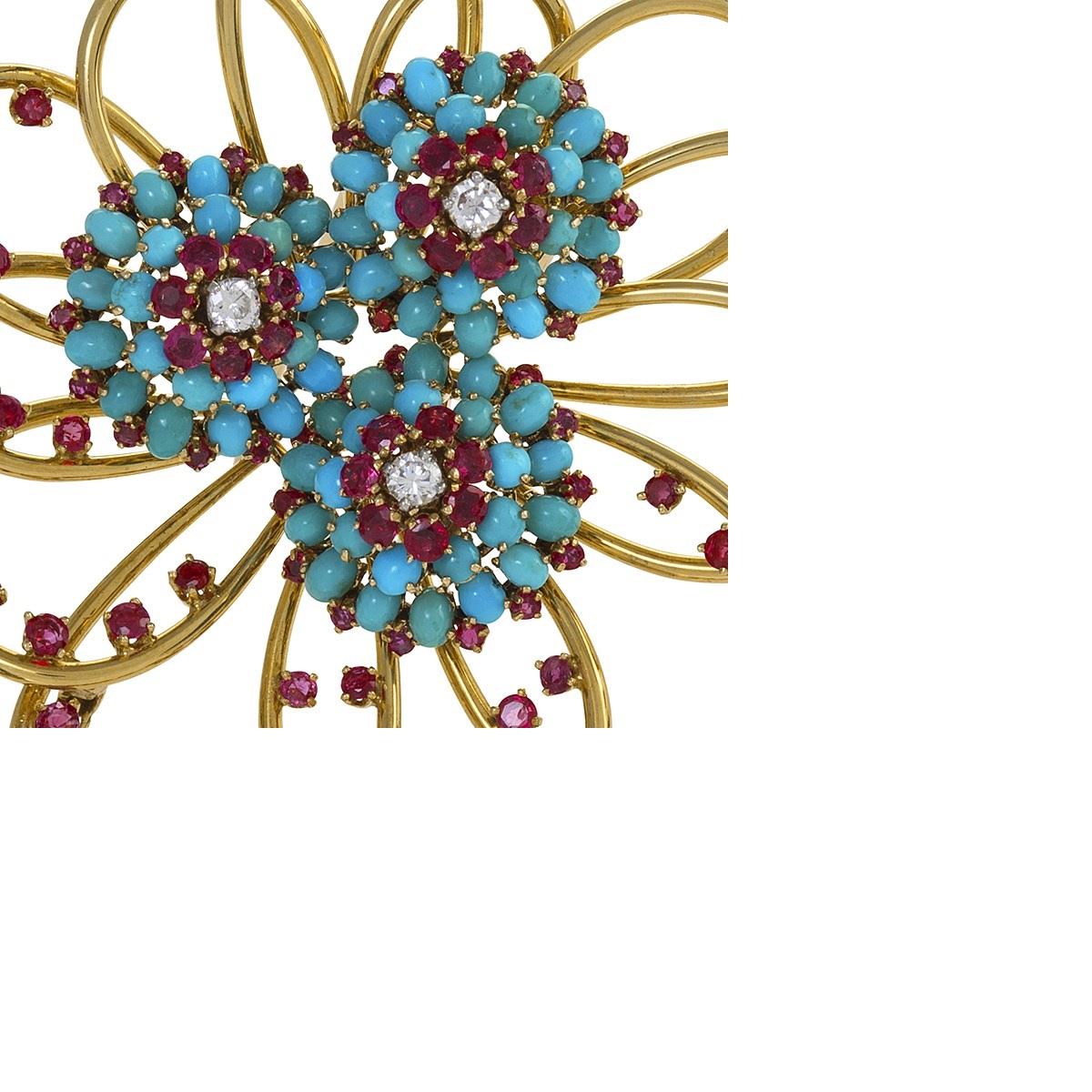 Taille cabochon Parure broche et boucles d'oreilles à clip John Rubel en diamants, rubis et turquoises en vente