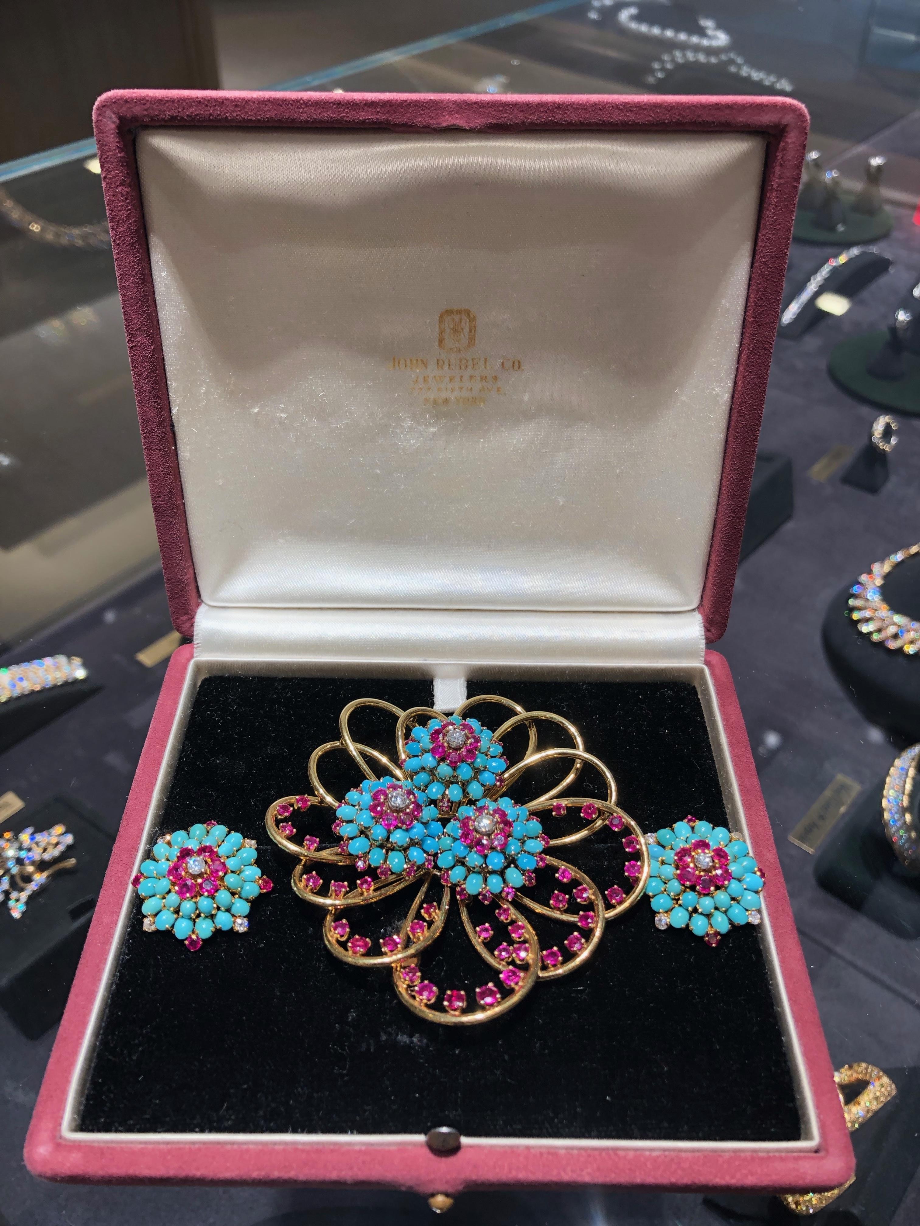John Rubel Diamond, Ruby and Turquoise Clip Brooch and Earrings Suite For Sale 1