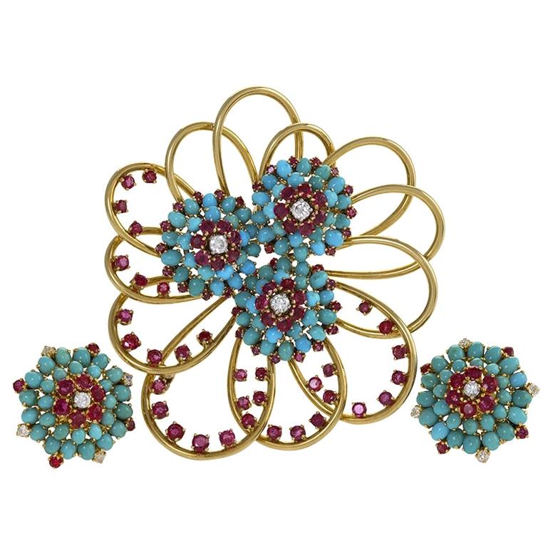 John Rubel Diamond, Ruby and Turquoise Clip Brooch and Earrings Suite For Sale