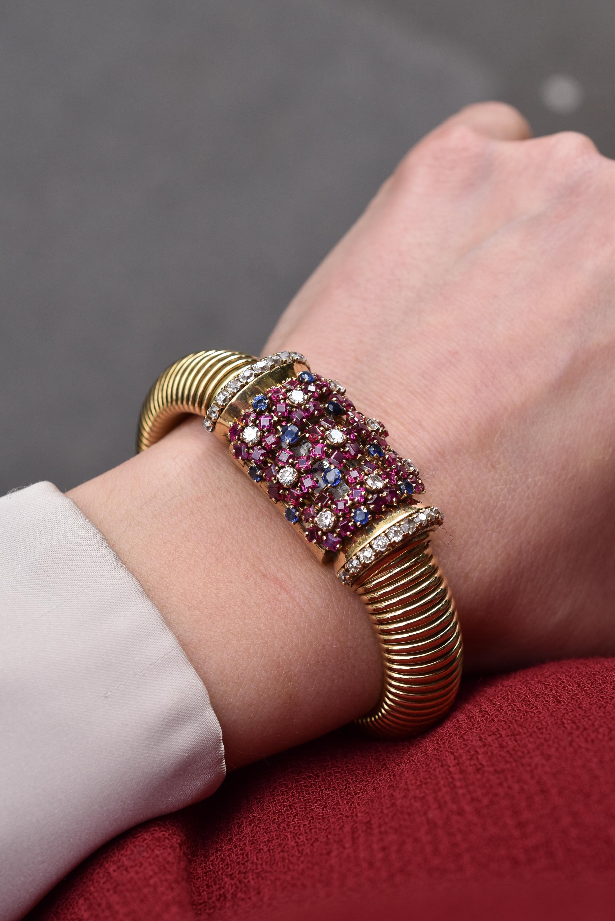 John Rubel Retro Ruby, Sapphire and Diamond Mystery Watch Bracelet In Good Condition For Sale In New York, NY