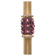 John Rubel Vintage Ruby, Sapphire and Diamond Mystery Watch Bracelet