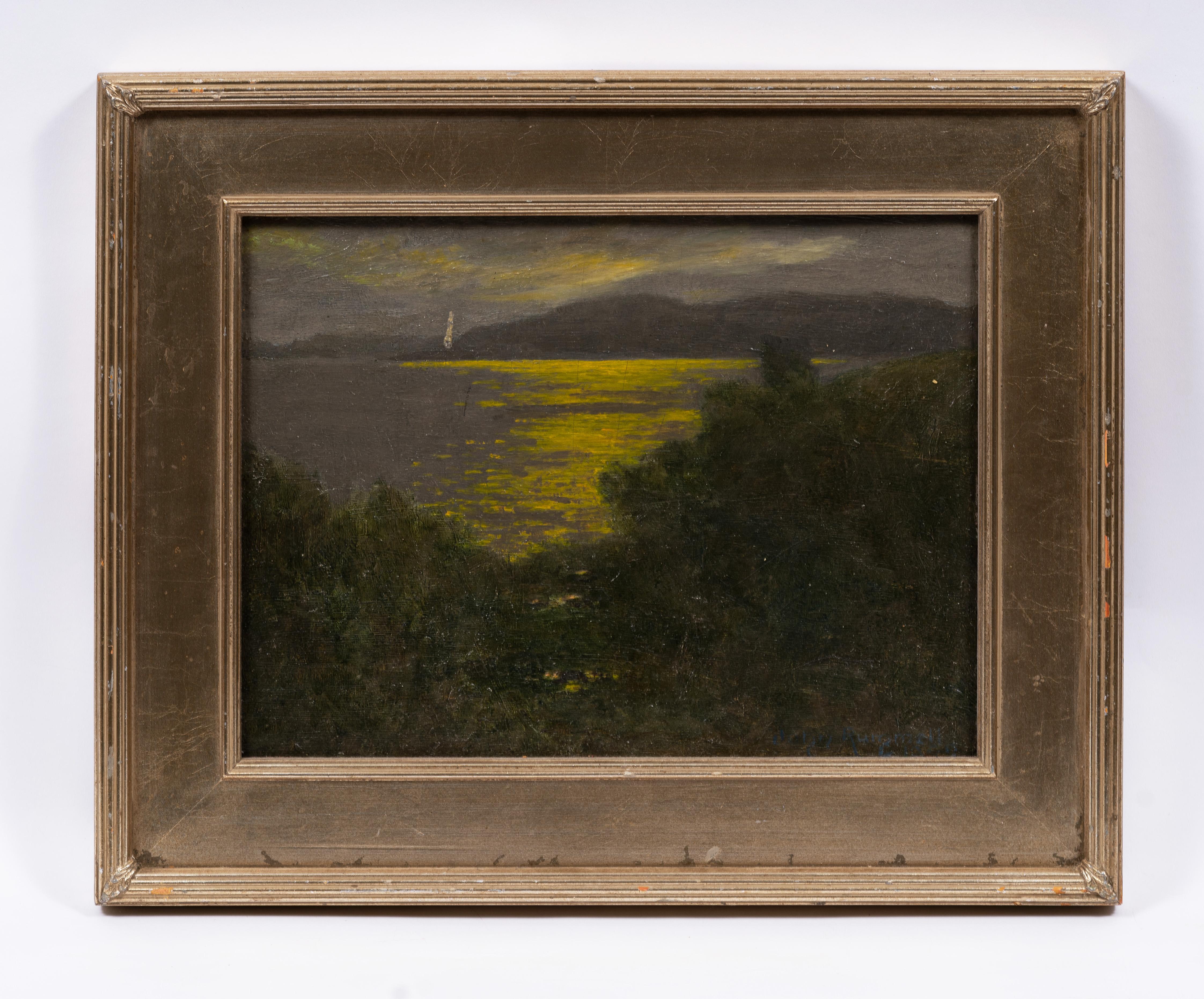 Antique American Impressionist Nocturnal Moonlit Seascape Framed Oil Painting For Sale 1