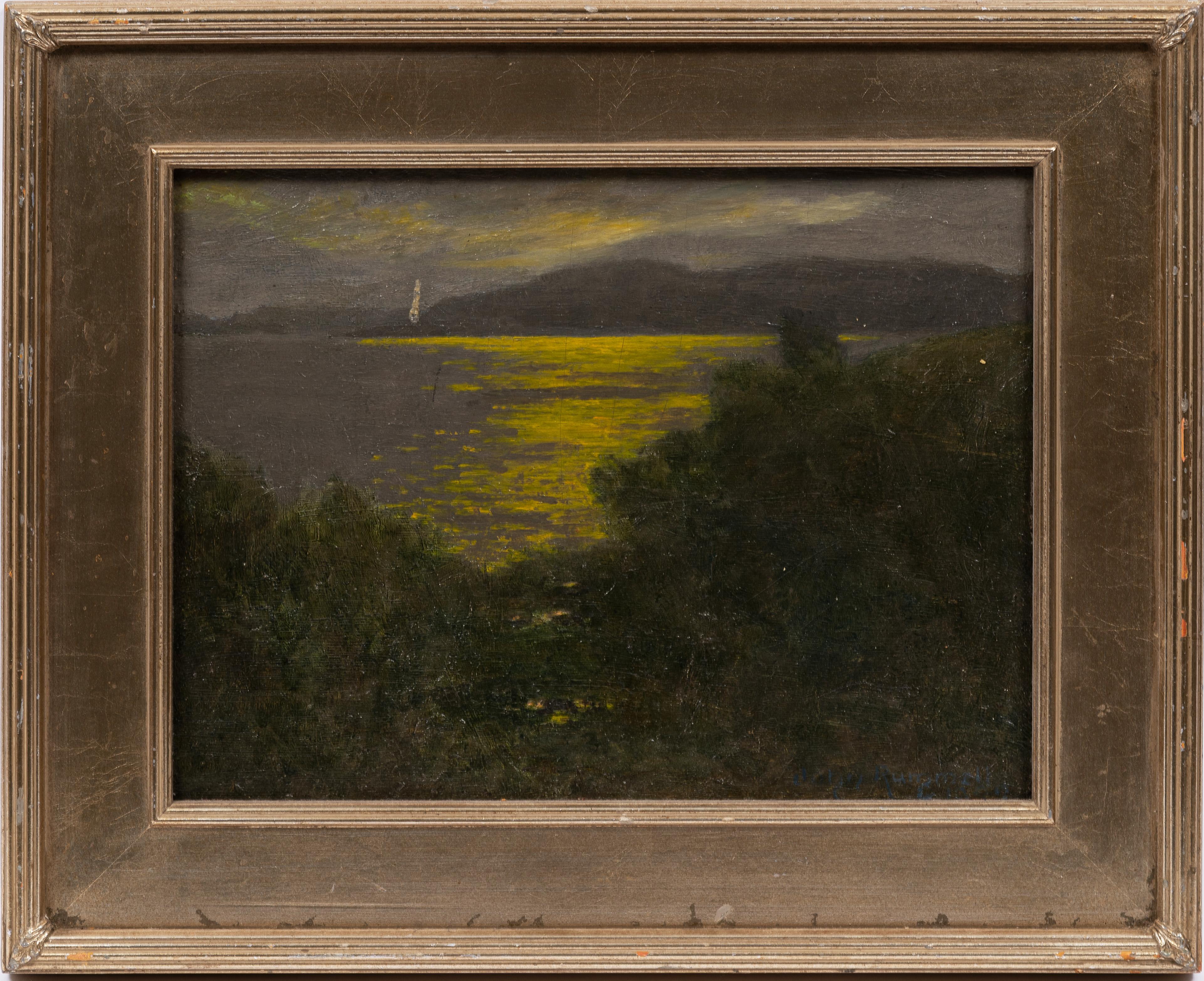 John Rummell  Landscape Painting - Antique American Impressionist Nocturnal Moonlit Seascape Framed Oil Painting