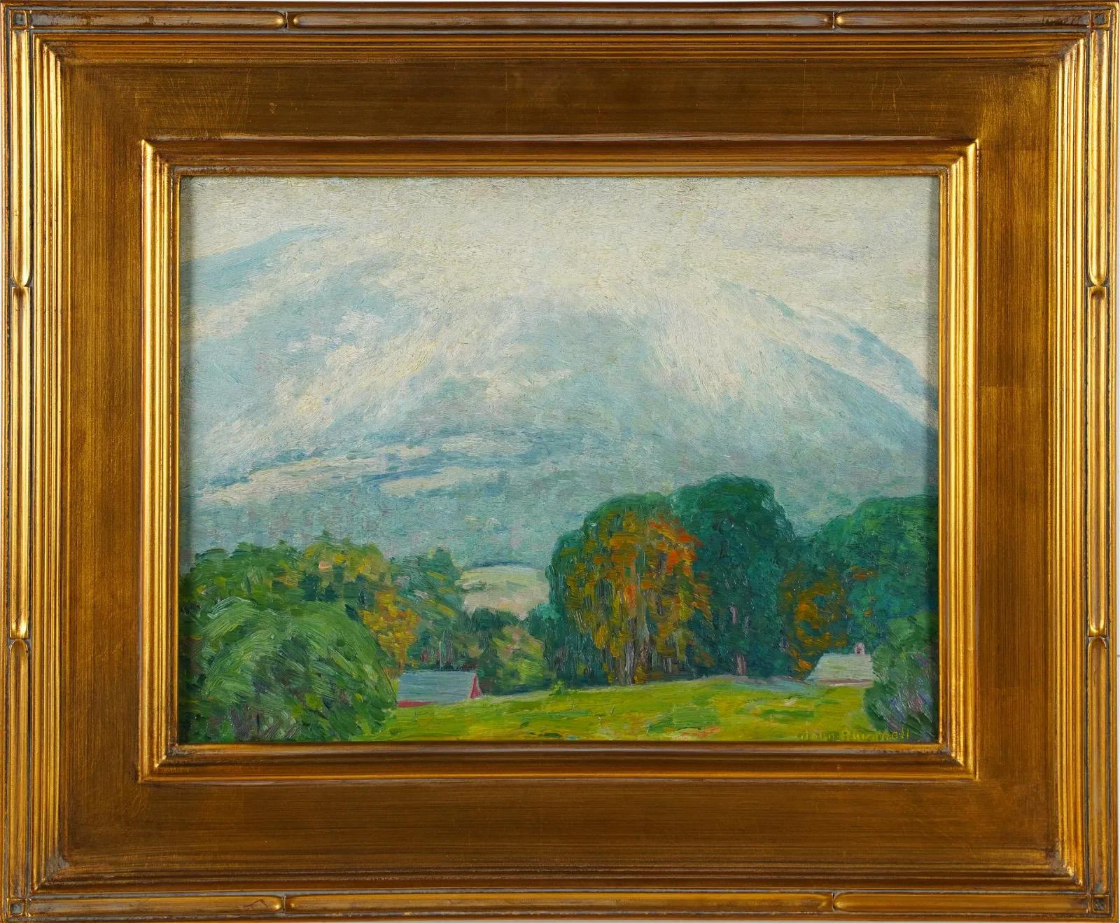 Nicely painted American impressionist landscape painting by John Rummell (1861 - 1942).  Oil on board.  Framed. Signed.