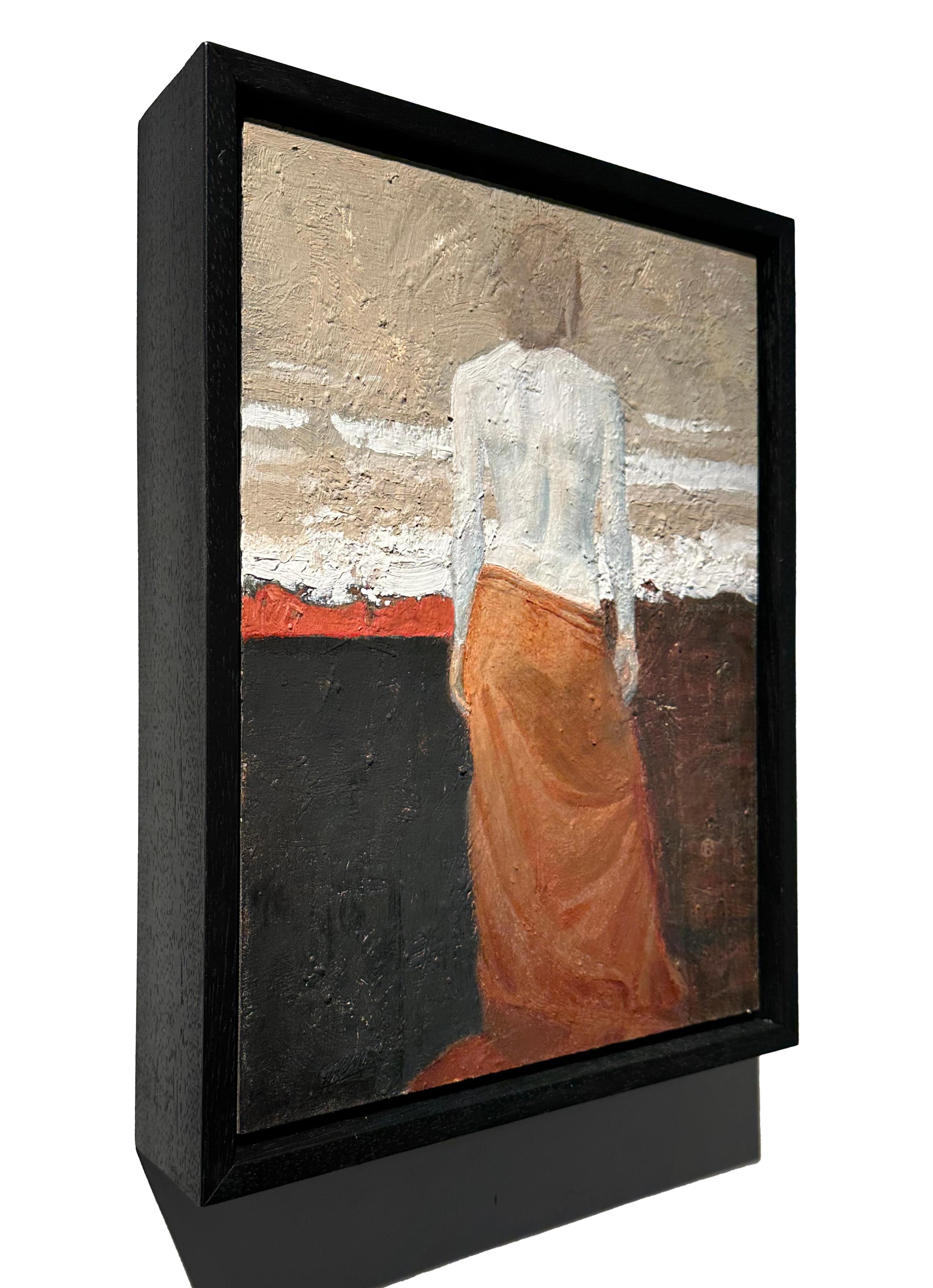 According to Greek mythology, Kalypso, a beautiful nymph, captured Odysseus and held him on her island for seven years.  She was deeply in love with him but was forced to let him return to home. Here, artist John Rush, portrays her with her back to