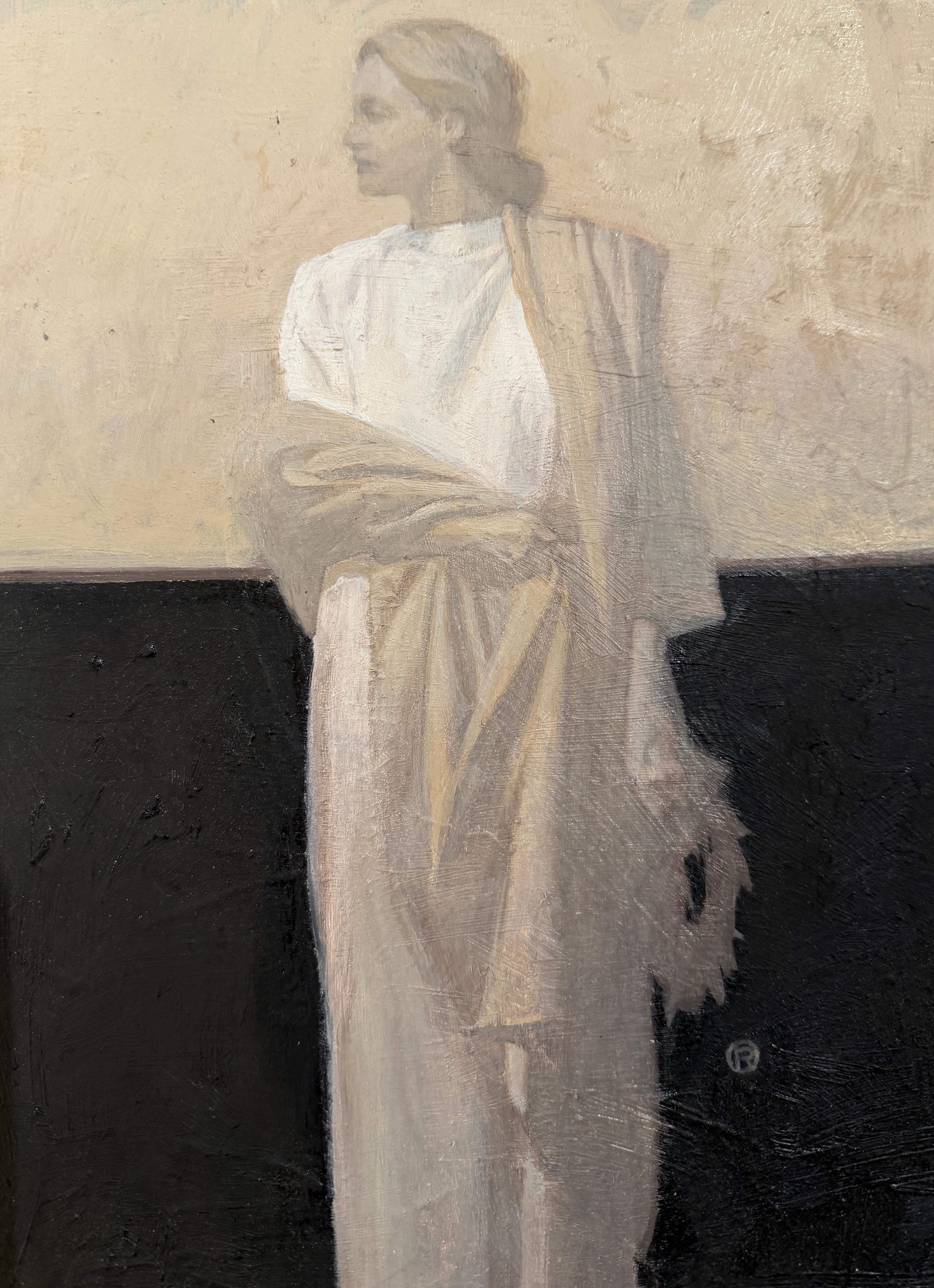 John rush Figurative Painting – „Victory“, einsame weibliche Figur mit einer Krone, Öl auf Holztafel, 12x9 in