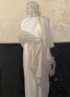 Kalypso Remembering Odysseus, Figurative Oil on Panel, 12x9 in