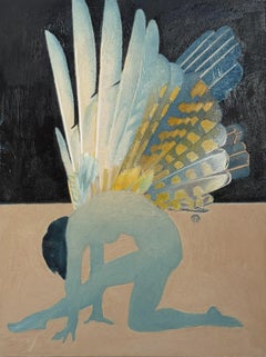 Kneeling Spirit Oil on Panel, Soft Blue Figurative Painting, 12x9 in